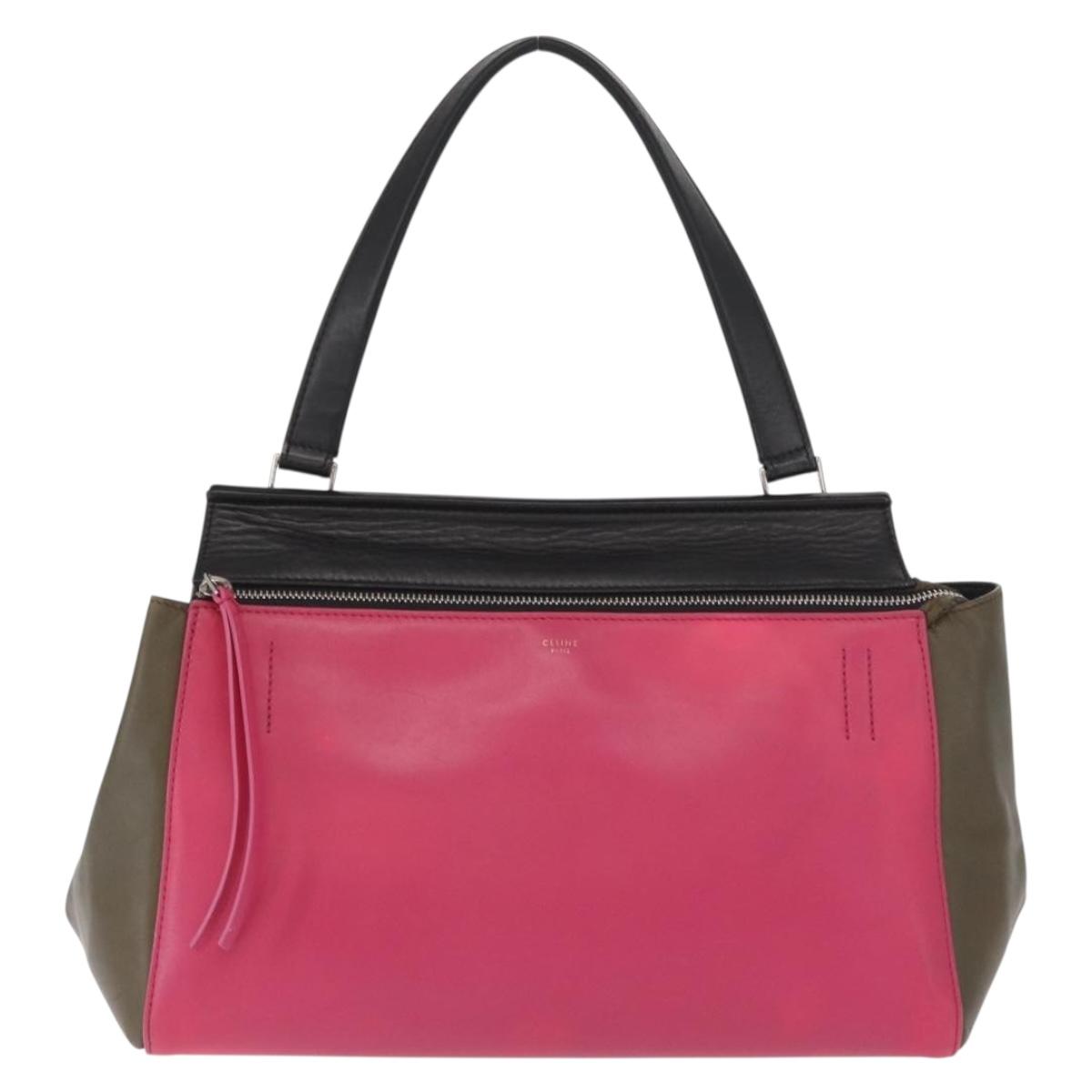 CELINE Edge Small Hand Bag Leather Pink Black khaki Auth kk608