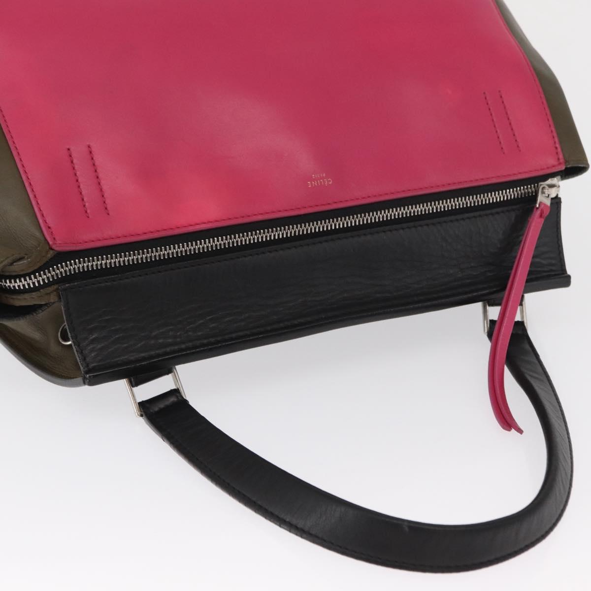 CELINE Edge Small Hand Bag Leather Pink Black khaki Auth kk608