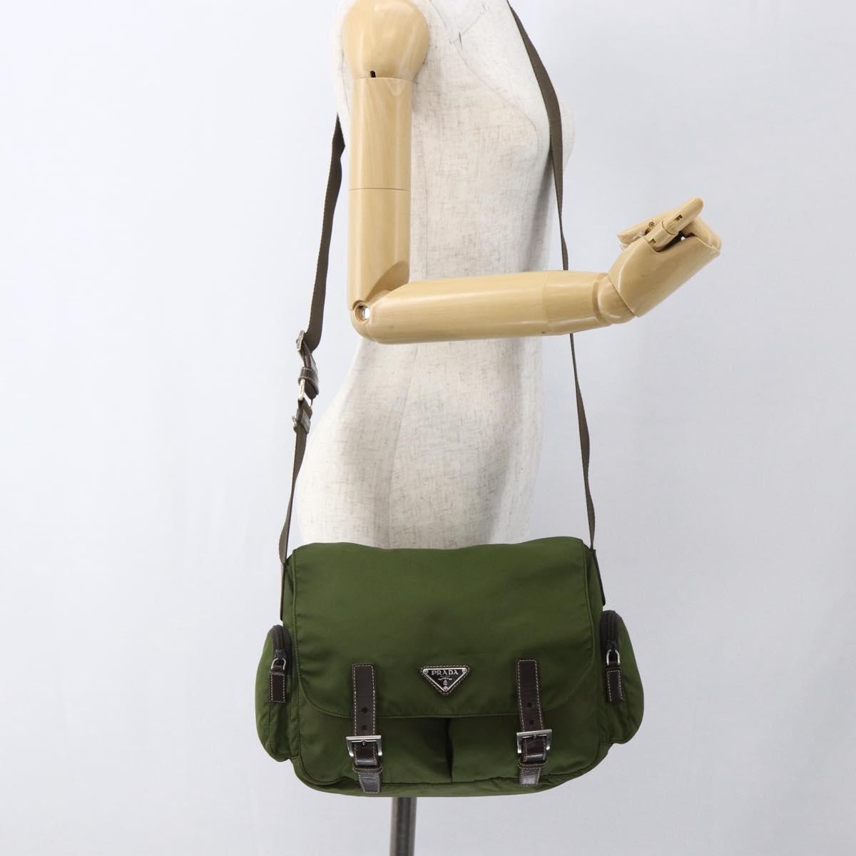 PRADA Shoulder Bag Nylon Silver Khaki Auth kk616
