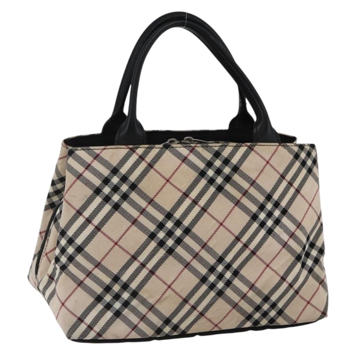 BURBERRY Nova Check Blue Label Hand Bag Nylon Beige Silver Auth kk628