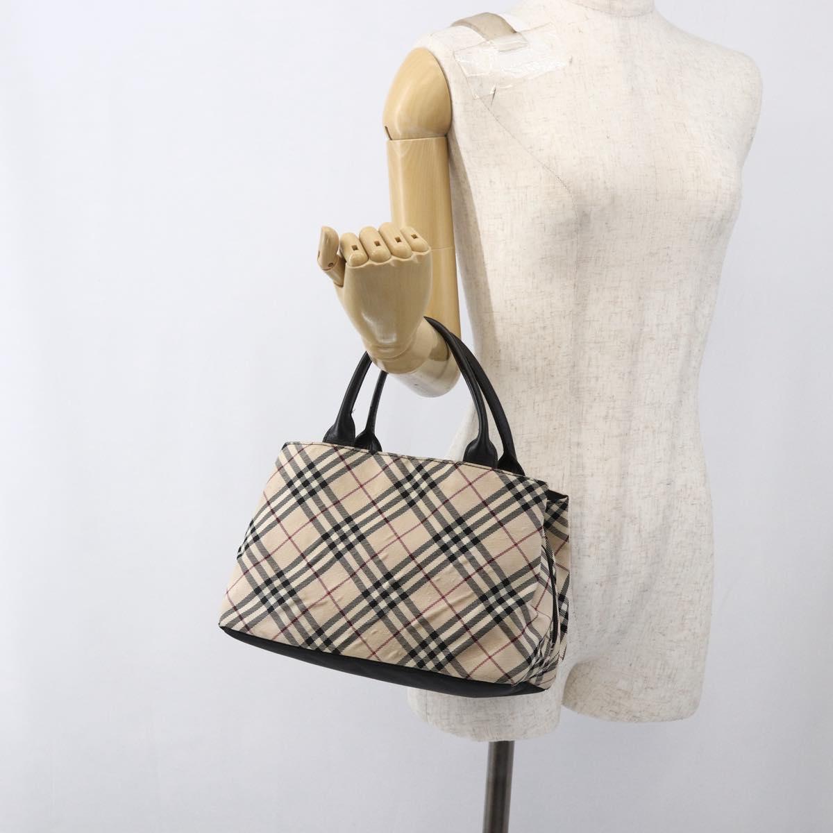 BURBERRY Nova Check Blue Label Hand Bag Nylon Beige Silver Auth kk628