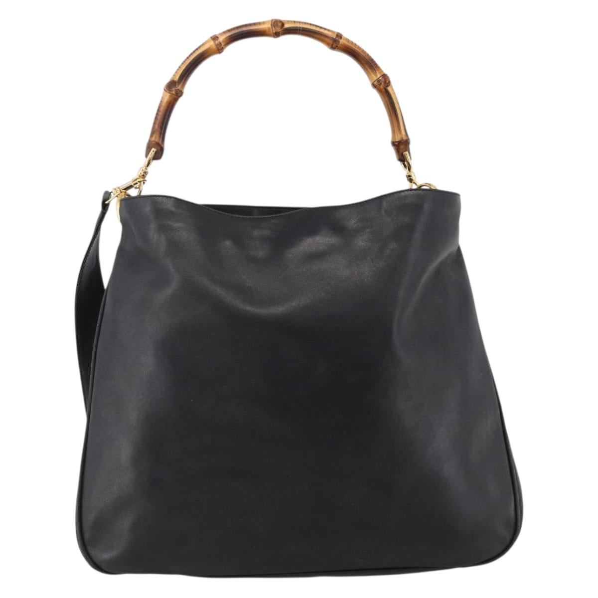 GUCCI Bamboo Shoulder Bag Leather 2way Black Gold 001 1577 2615 Auth kk629