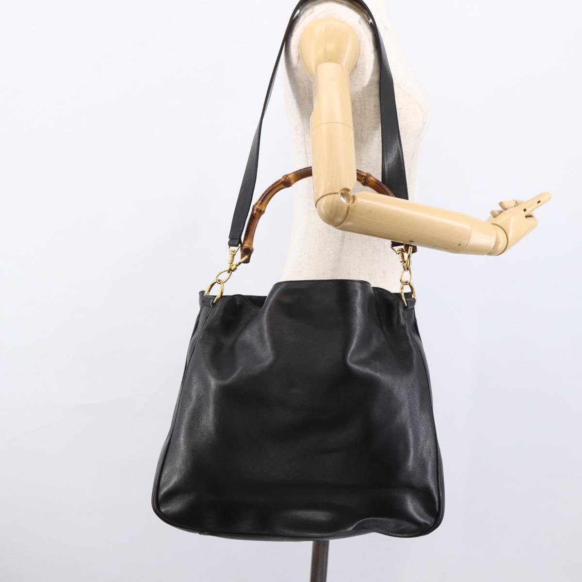 GUCCI Bamboo Shoulder Bag Leather 2way Black Gold 001 1577 2615 Auth kk629