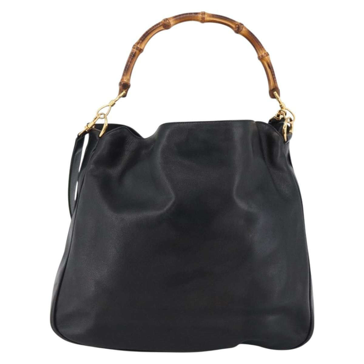 GUCCI Bamboo Shoulder Bag Leather 2way Black Gold 001 1577 2615 Auth kk629