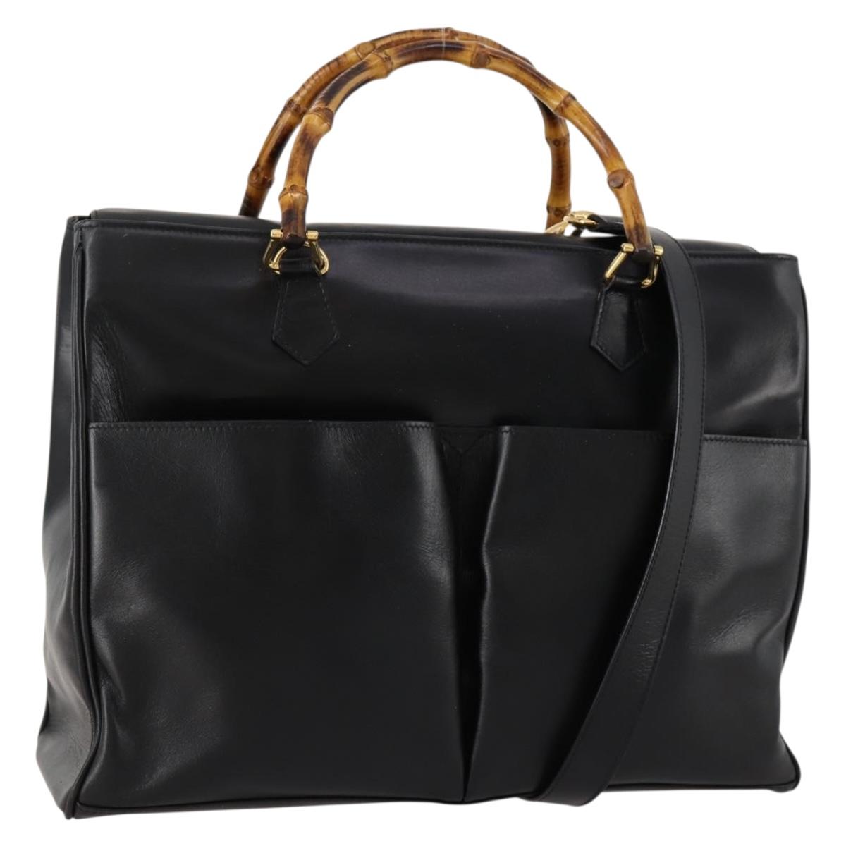 GUCCI Bamboo Hand Bag Leather 2way Black Gold 002 2855 0322 0 Auth kk631