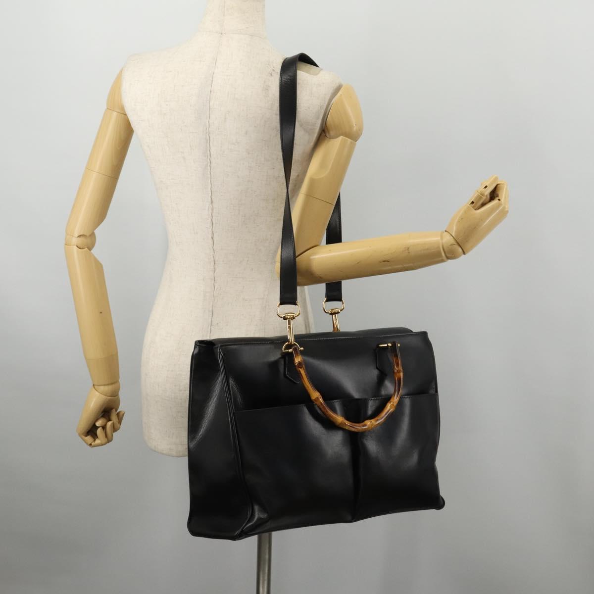 GUCCI Bamboo Hand Bag Leather 2way Black Gold 002 2855 0322 0 Auth kk631