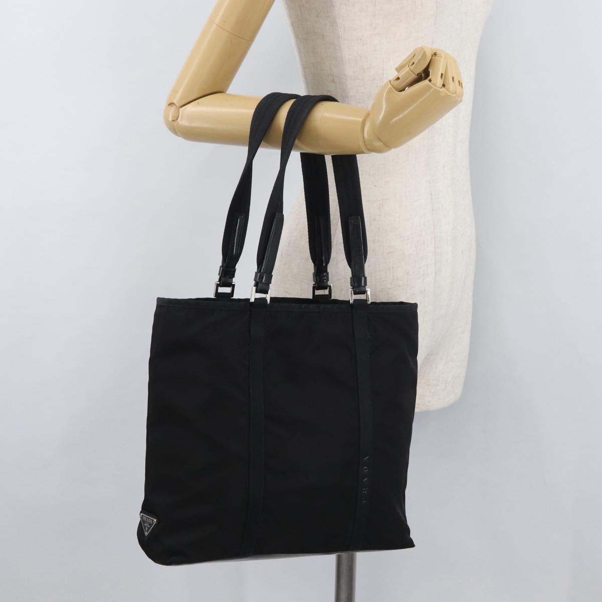 PRADA Tote Bag Nylon Black Silver Auth kk655