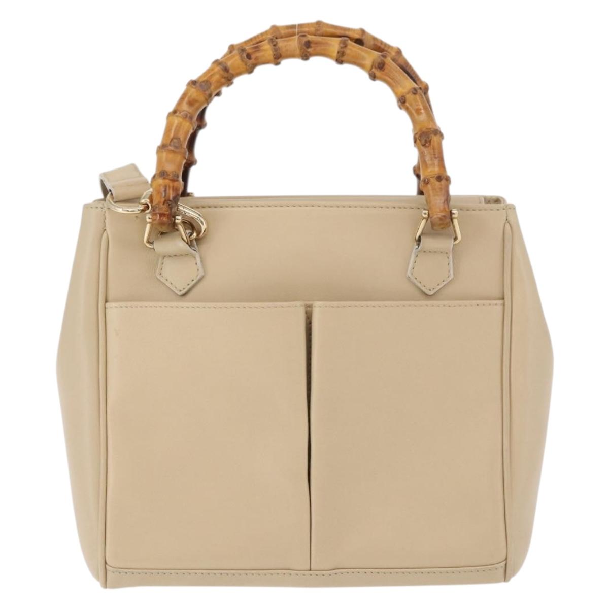 GUCCI Bamboo Hand Bag Leather 2way Beige Gold 000 2122 0316 Auth kk679