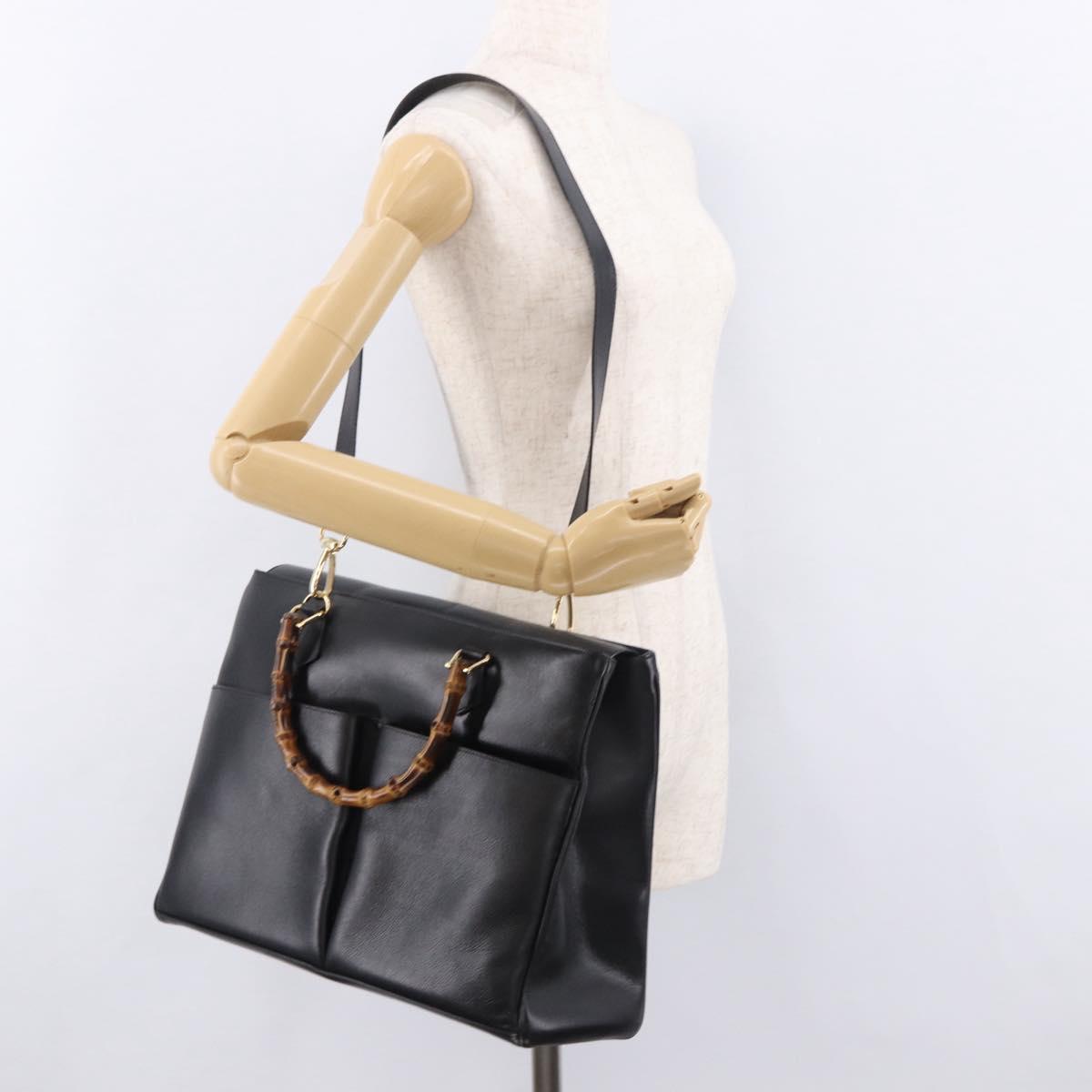 GUCCI Bamboo Hand Bag Leather 2way Black Gold 002 2855 0322 0 Auth kk684
