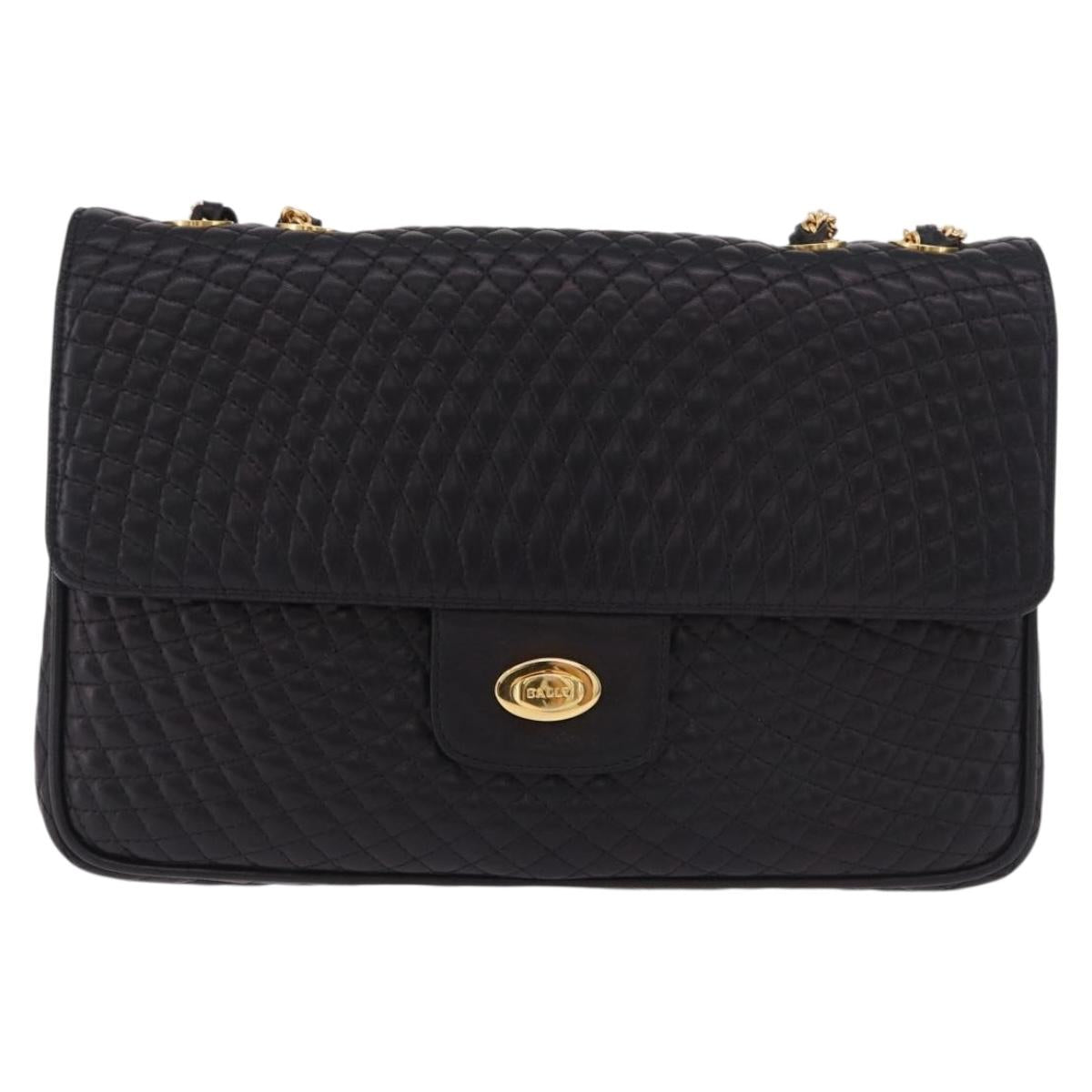BALLY Chain Shoulder Bag Leather Black Gold Auth kk687A
