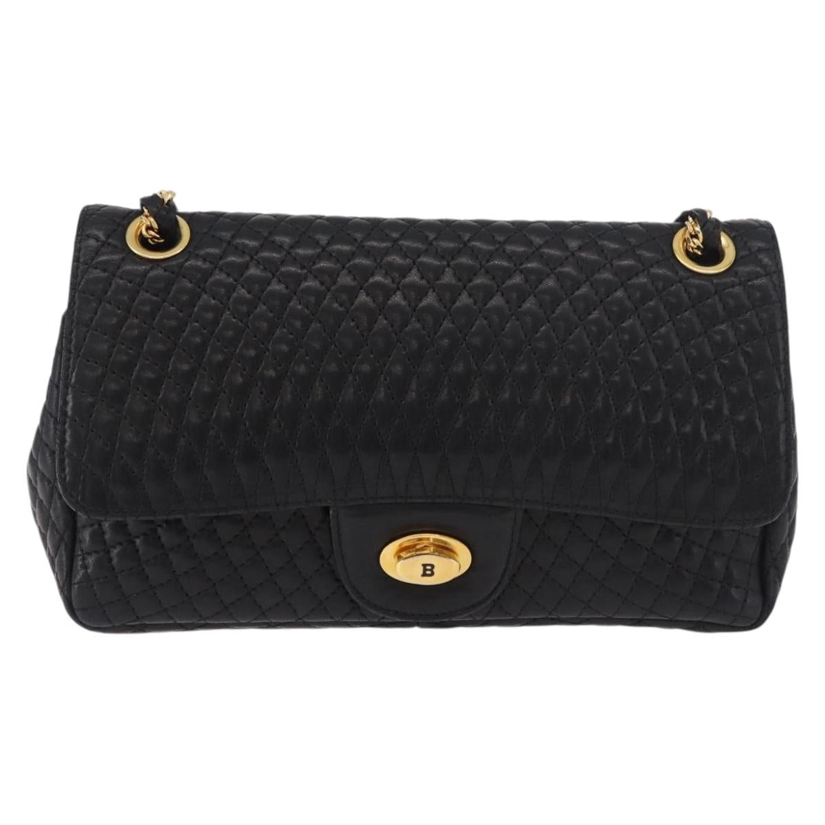 BALLY Chain Shoulder Bag Leather Black Gold Auth kk688A