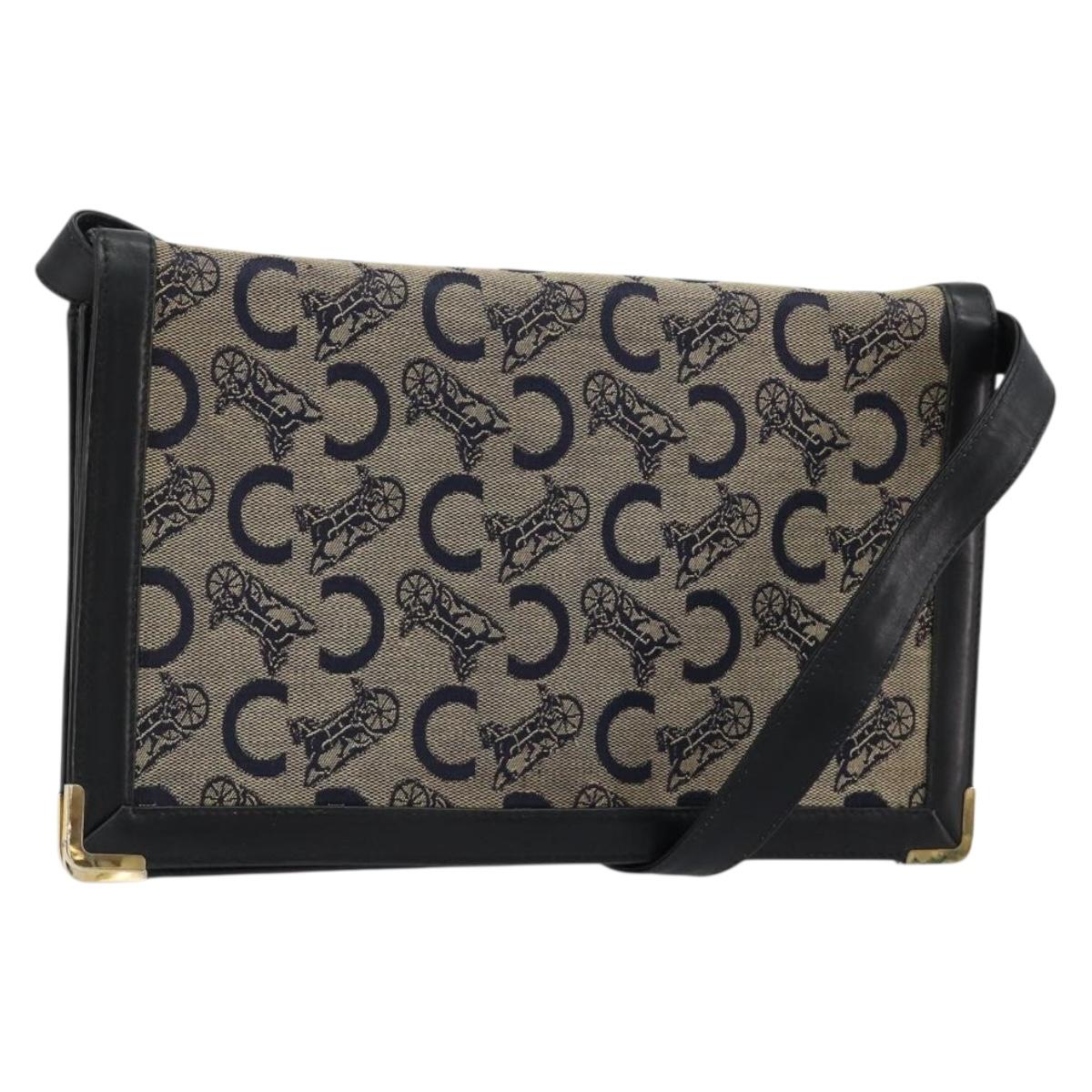 CELINE C Sulky Shoulder Bag Canvas Navy Gold Auth kk689