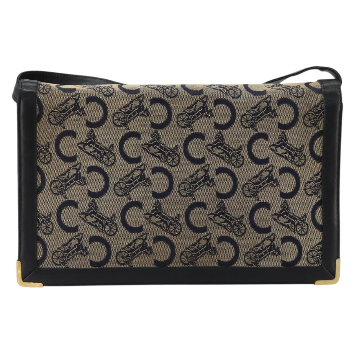 CELINE C Sulky Shoulder Bag Canvas Navy Gold Auth kk689