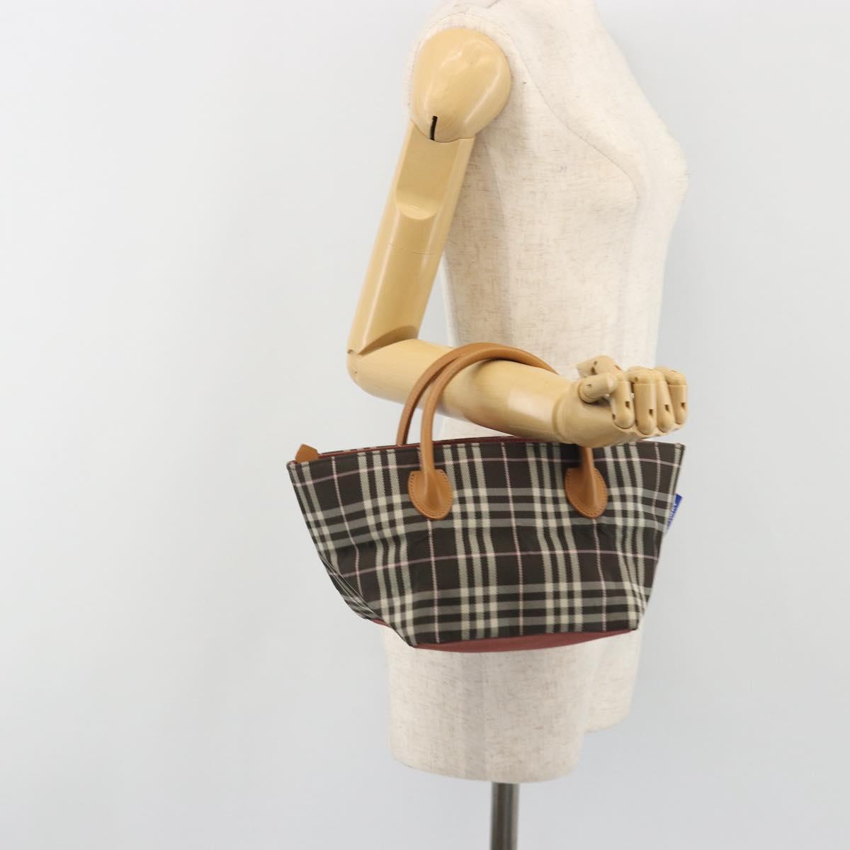 BURBERRY Nova Check Blue Label Tote Bag Nylon Brown Silver Auth kk694A