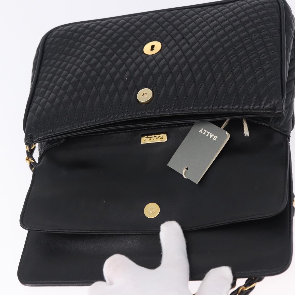 BALLY Chain Shoulder Bag Leather Black Gold Auth kk707A