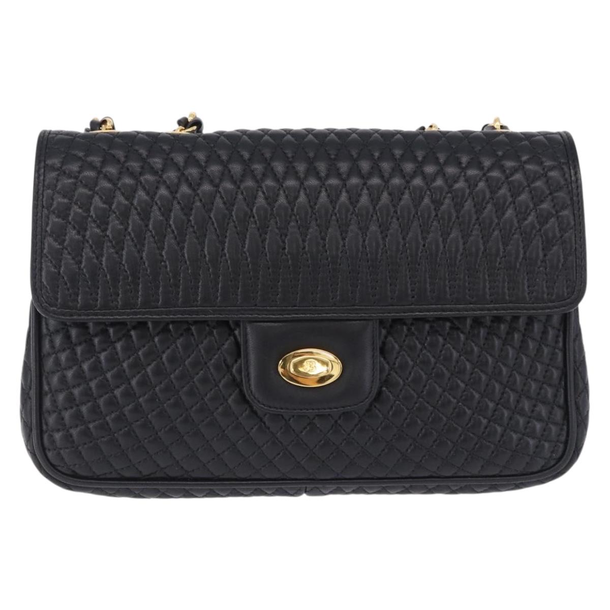BALLY Chain Shoulder Bag Leather Black Gold Auth kk707A