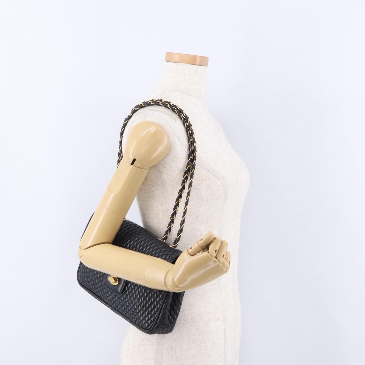 BALLY Chain Shoulder Bag Leather Black Gold Auth kk707A