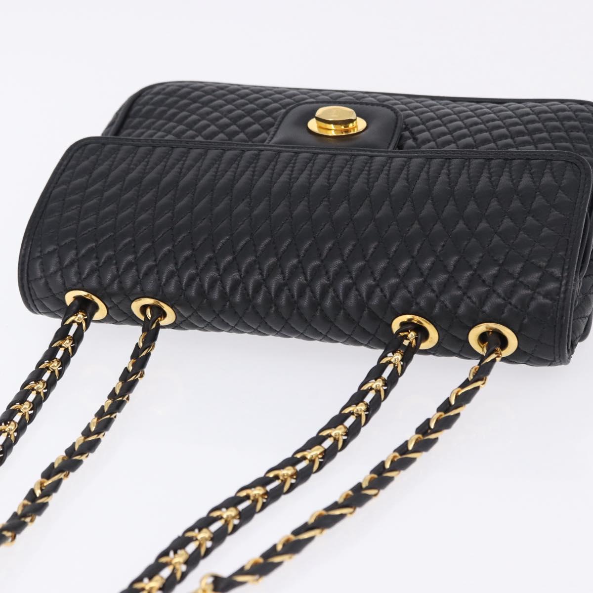 BALLY Chain Shoulder Bag Leather Black Gold Auth kk707A
