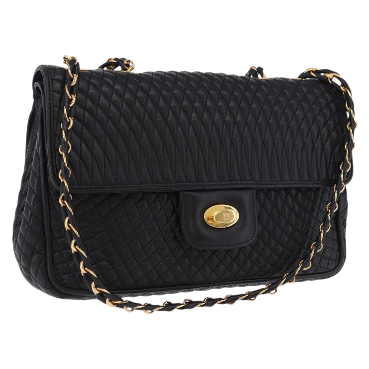 BALLY Chain Shoulder Bag Leather Black Gold Auth kk709A