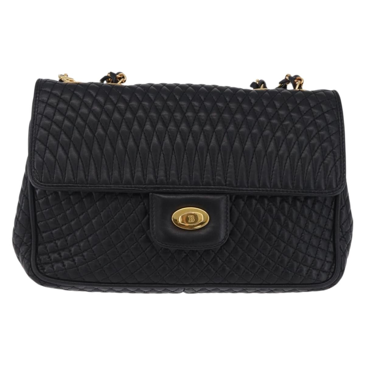 BALLY Chain Shoulder Bag Leather Black Gold Auth kk709A