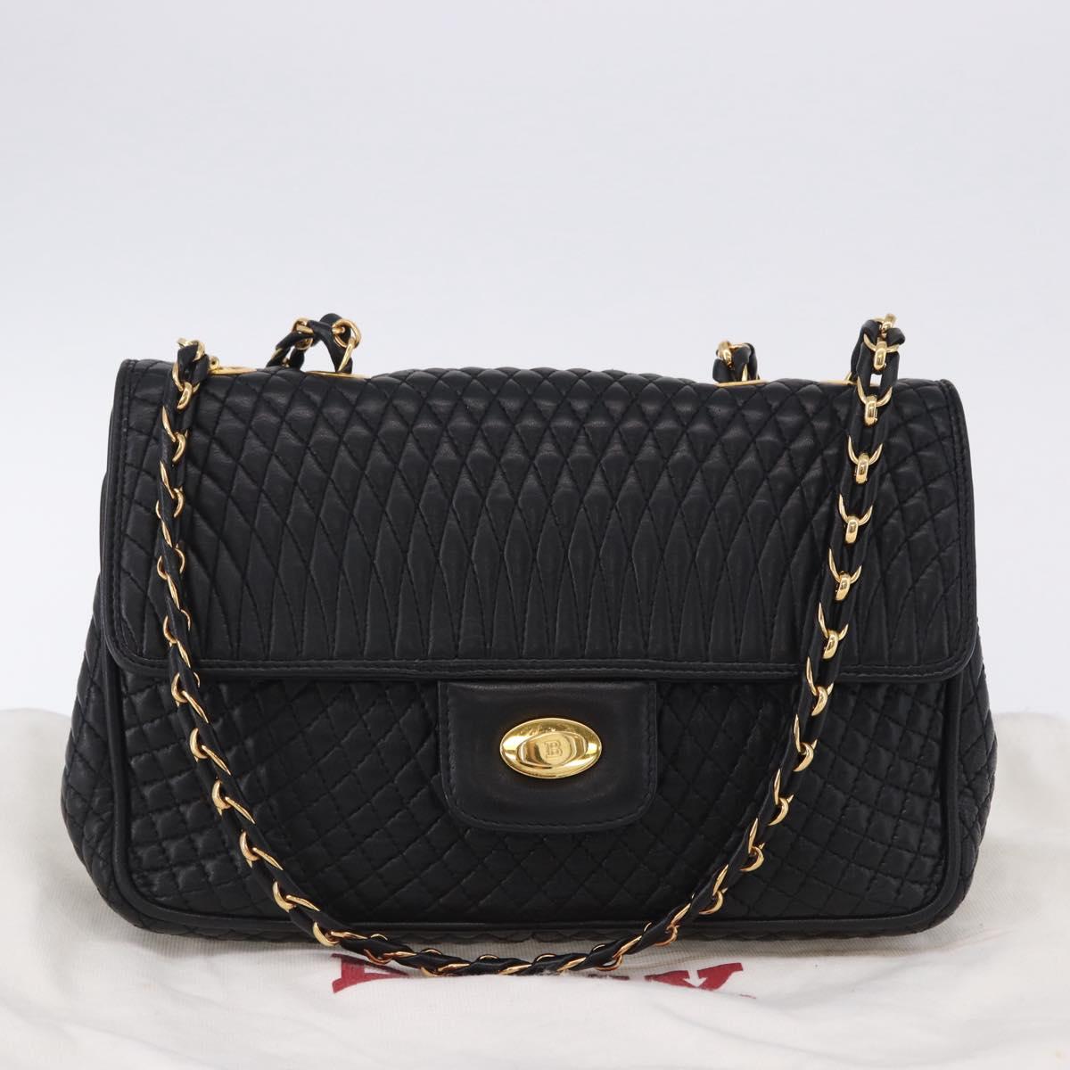 BALLY Chain Shoulder Bag Leather Black Gold Auth kk709A