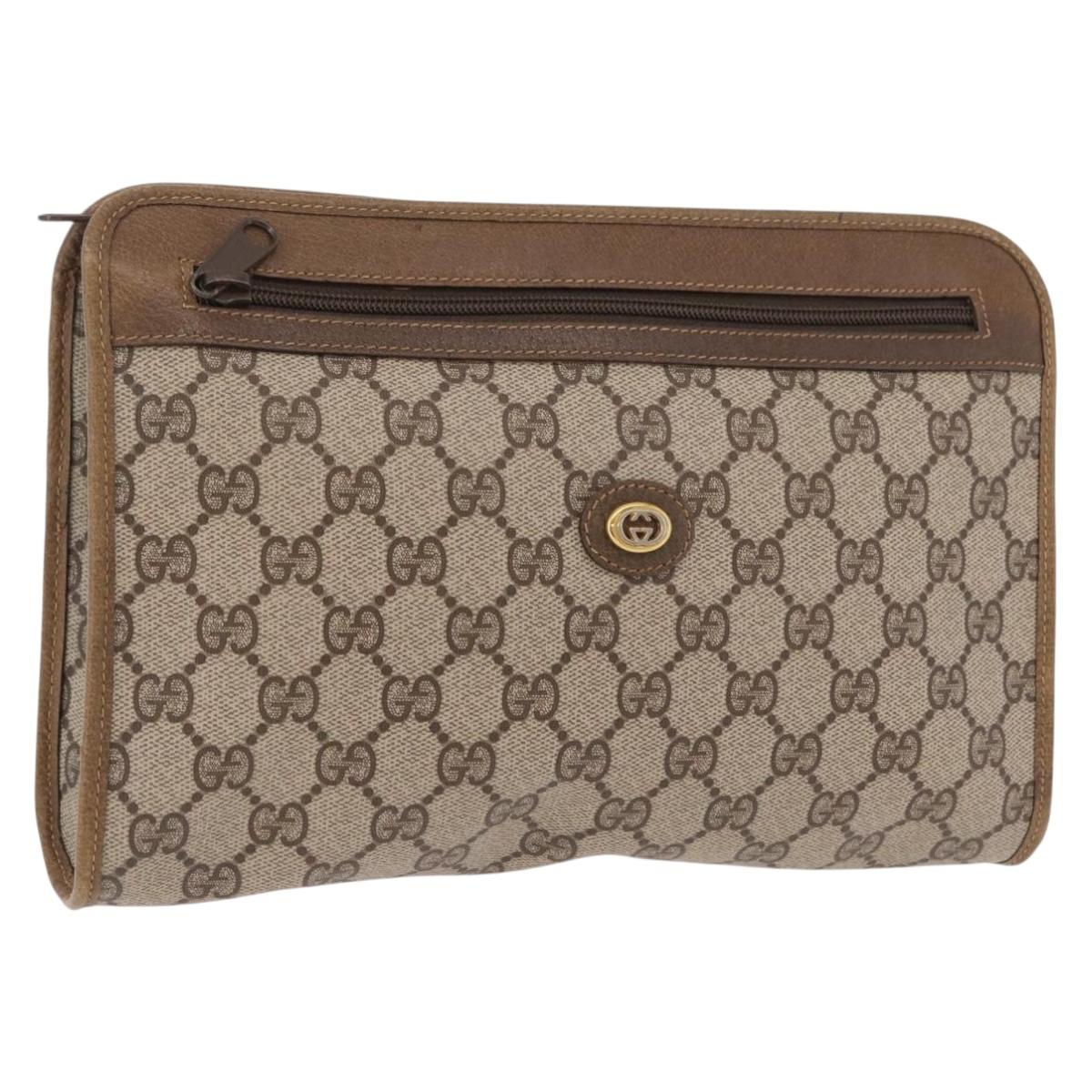 GUCCI GG Supreme Clutch Bag PVC Beige Gold Tone 97 01 037 Auth kk716