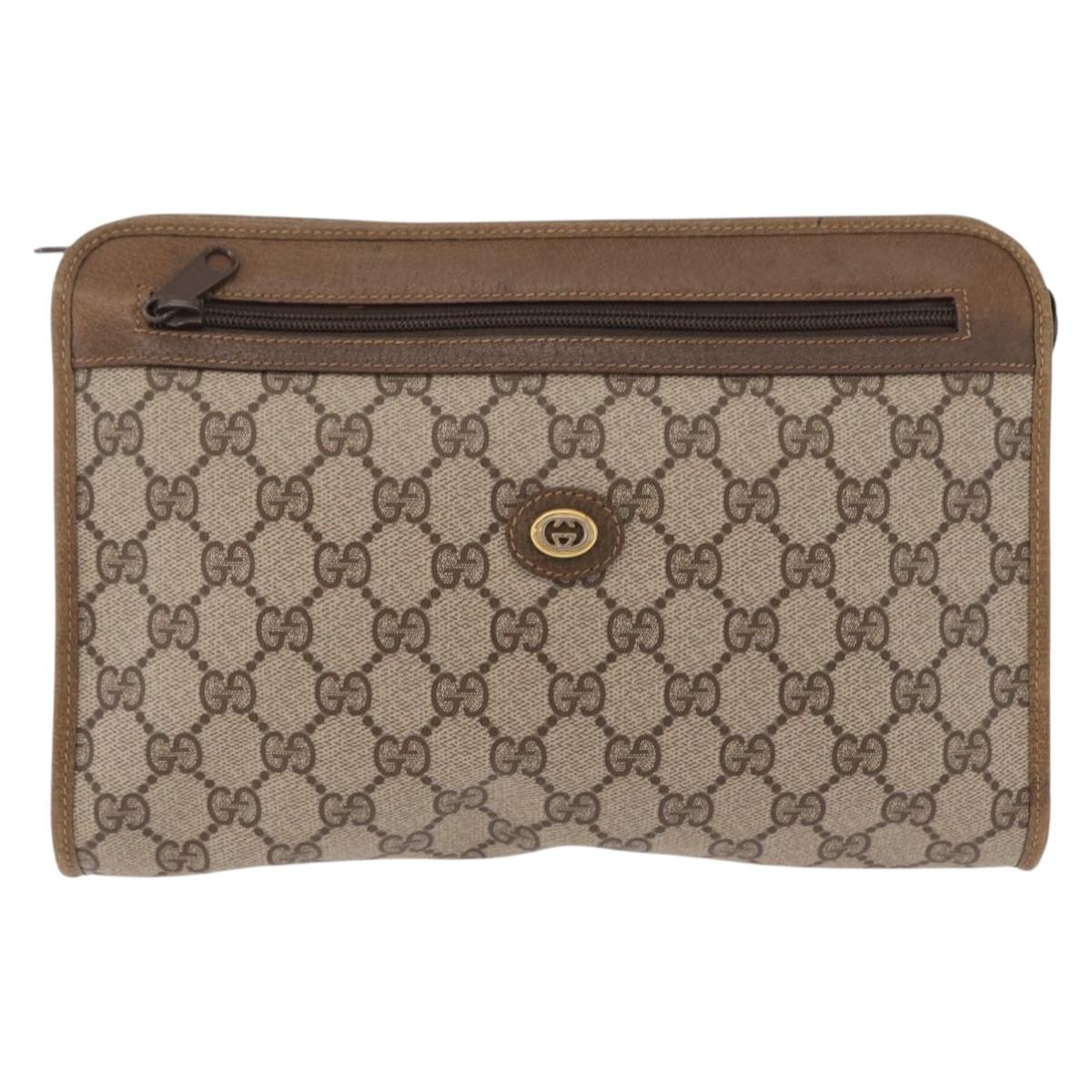 GUCCI GG Supreme Clutch Bag PVC Beige Gold Tone 97 01 037 Auth kk716