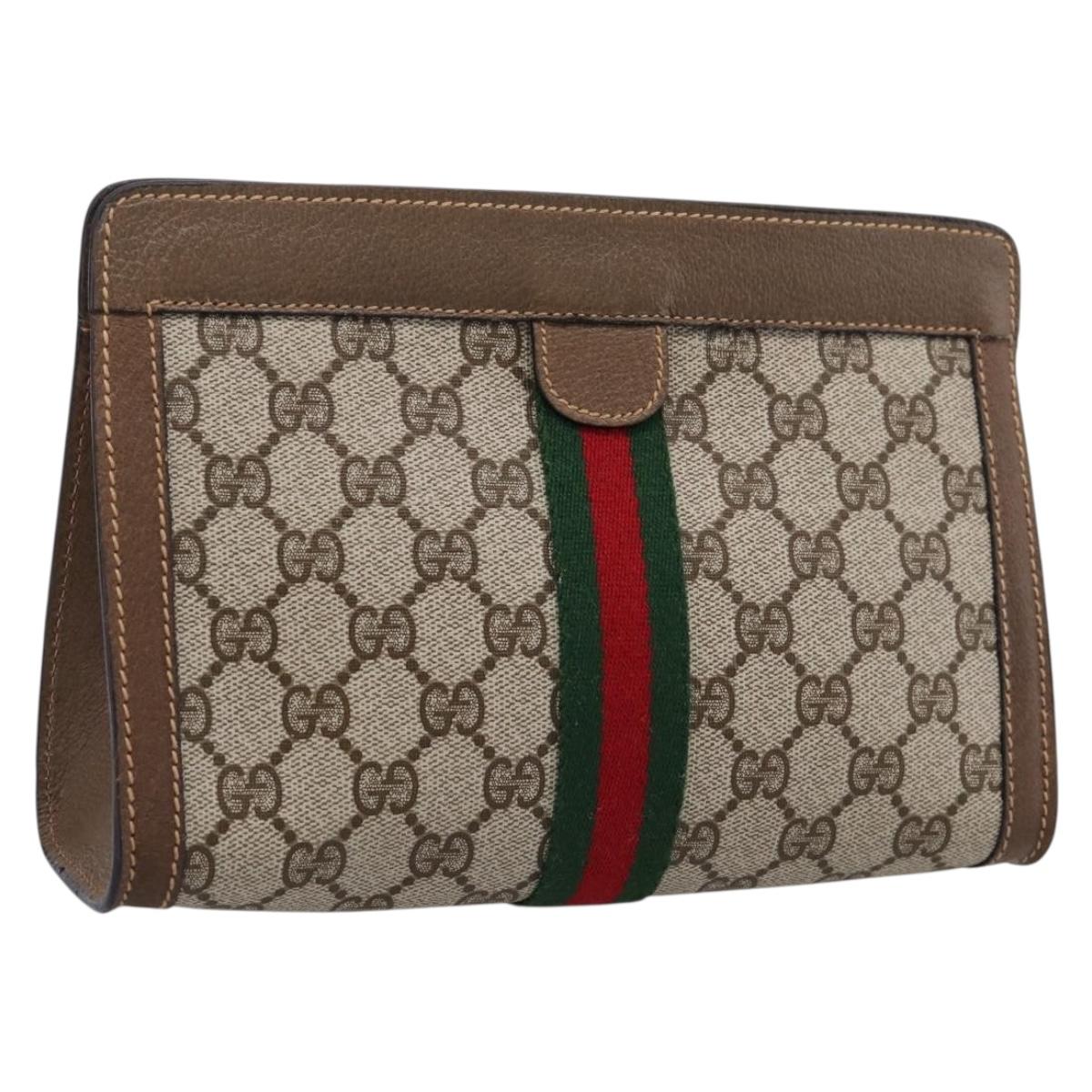 GUCCI GG Supreme Web Sherry Line Clutch Bag PVC Beige 89 01 001 Auth kk720