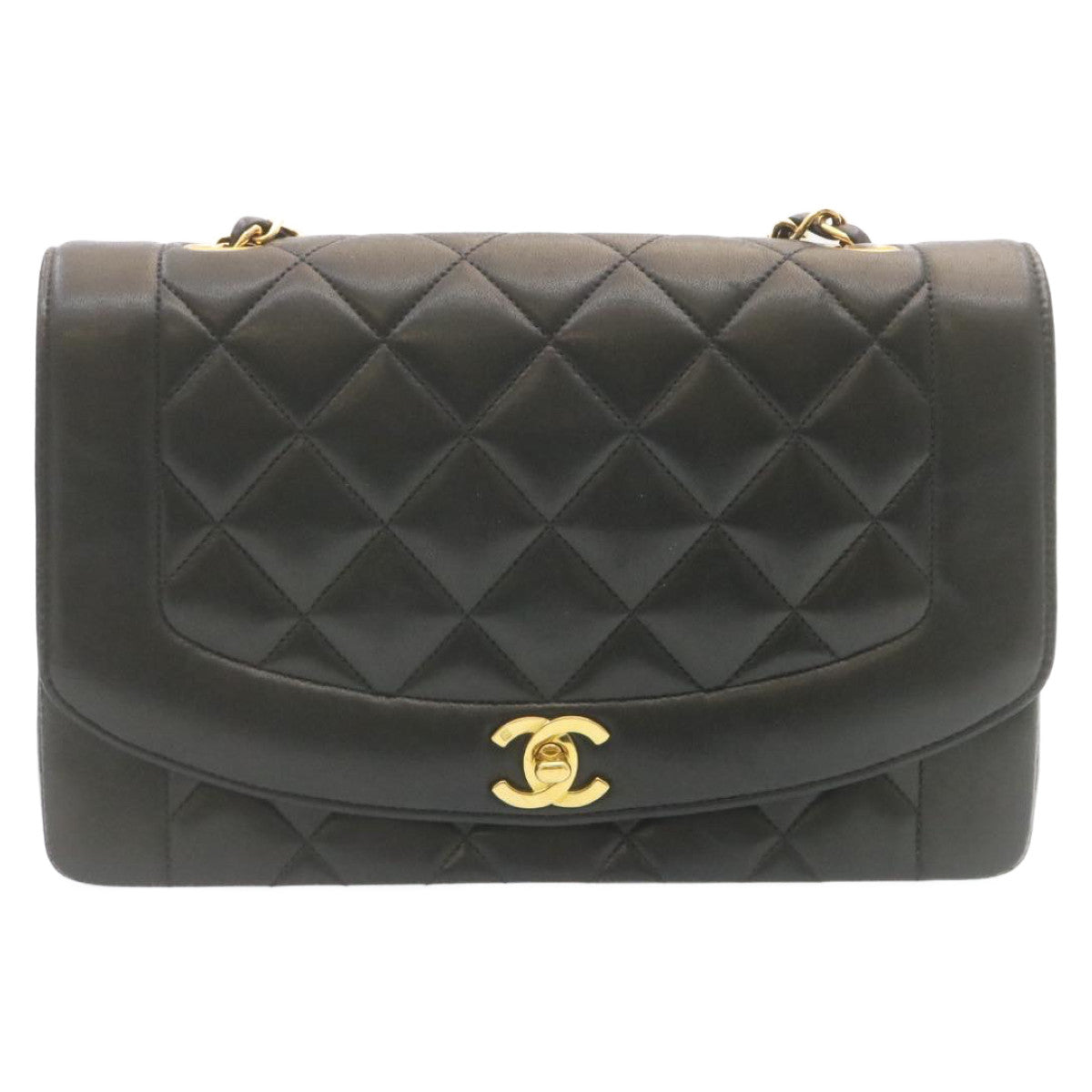 CHANEL Chain Turn Lock Diana Matelasse Shoulder Bag Lamb Skin Black Auth knn076