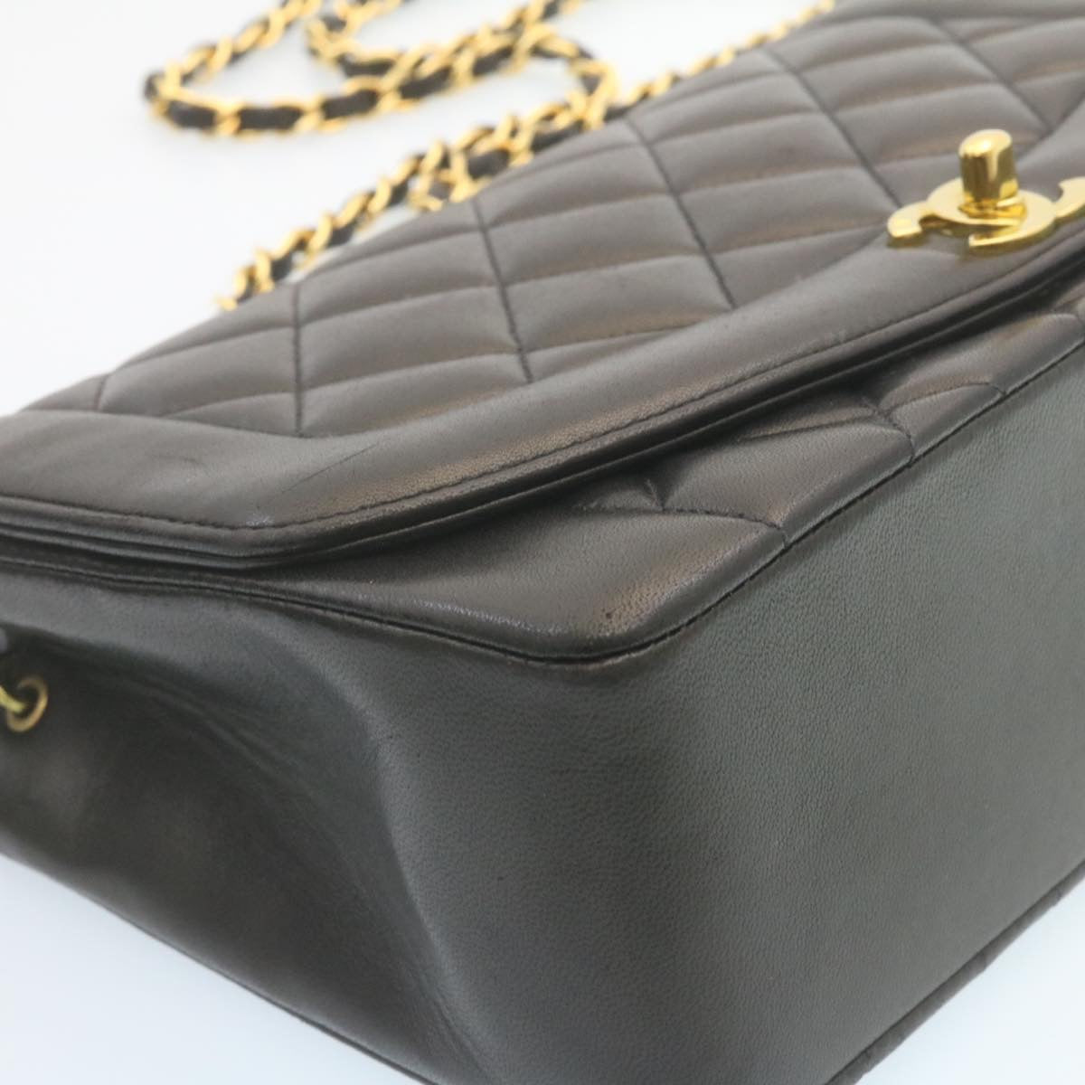CHANEL Chain Turn Lock Diana Matelasse Shoulder Bag Lamb Skin Black Auth knn076