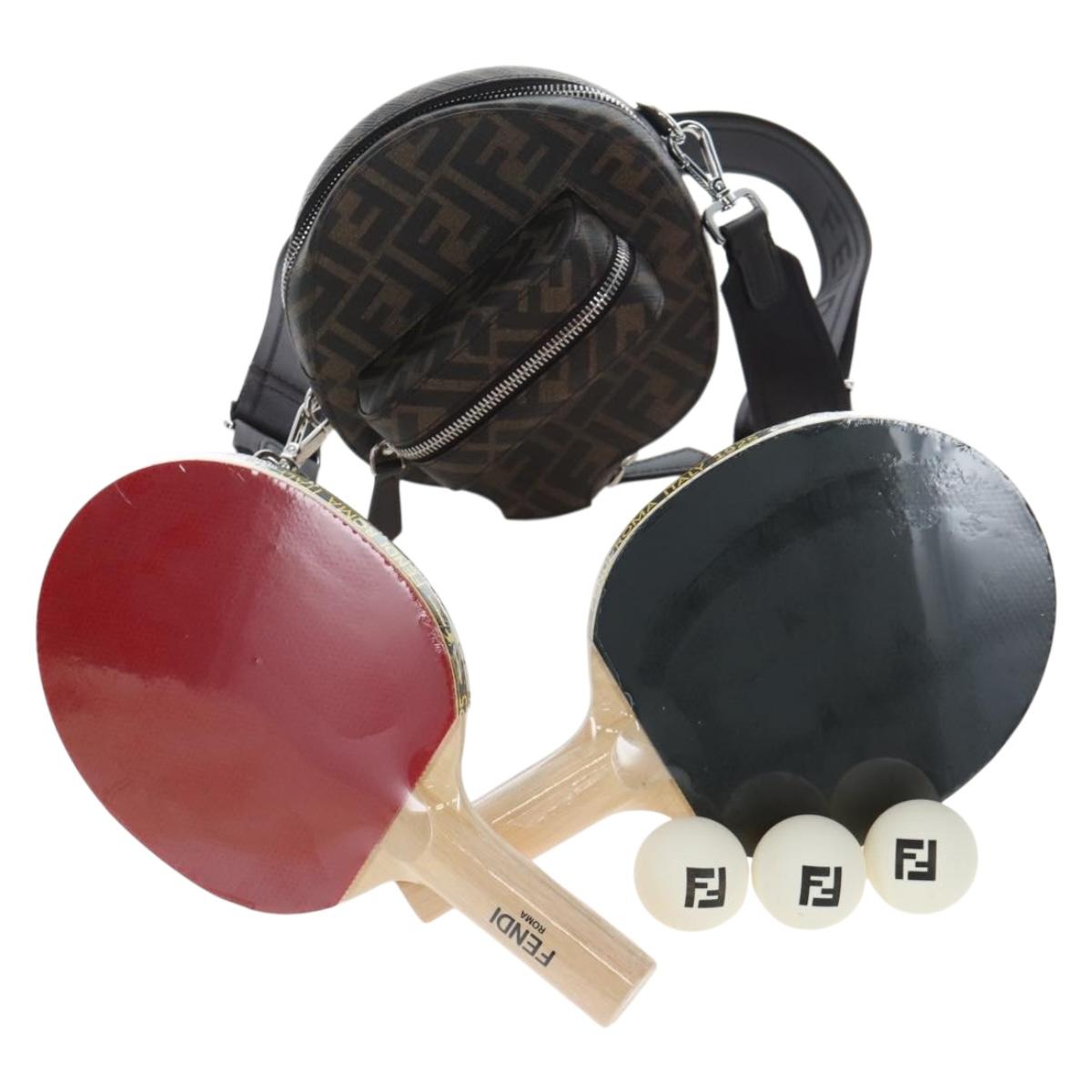 FENDI Zucca Ping Pong Set Racket Case PVC Brown Silver 7AS070 Auth LN003M
