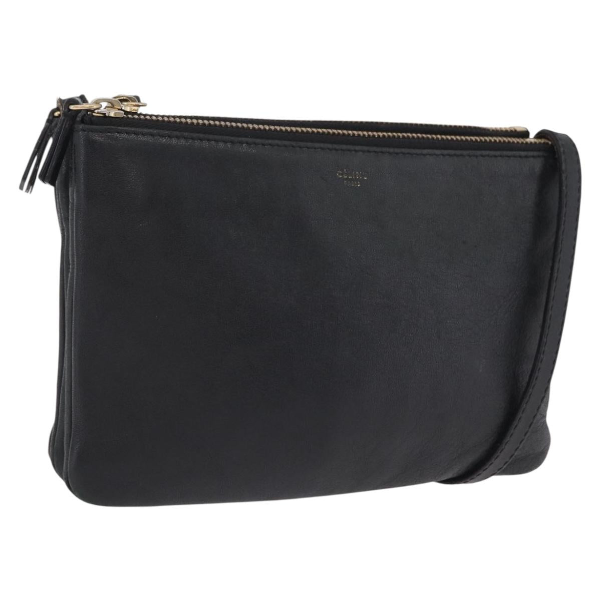 CELINE Trio Shoulder Bag Leather Black Gold Tone Auth LN008