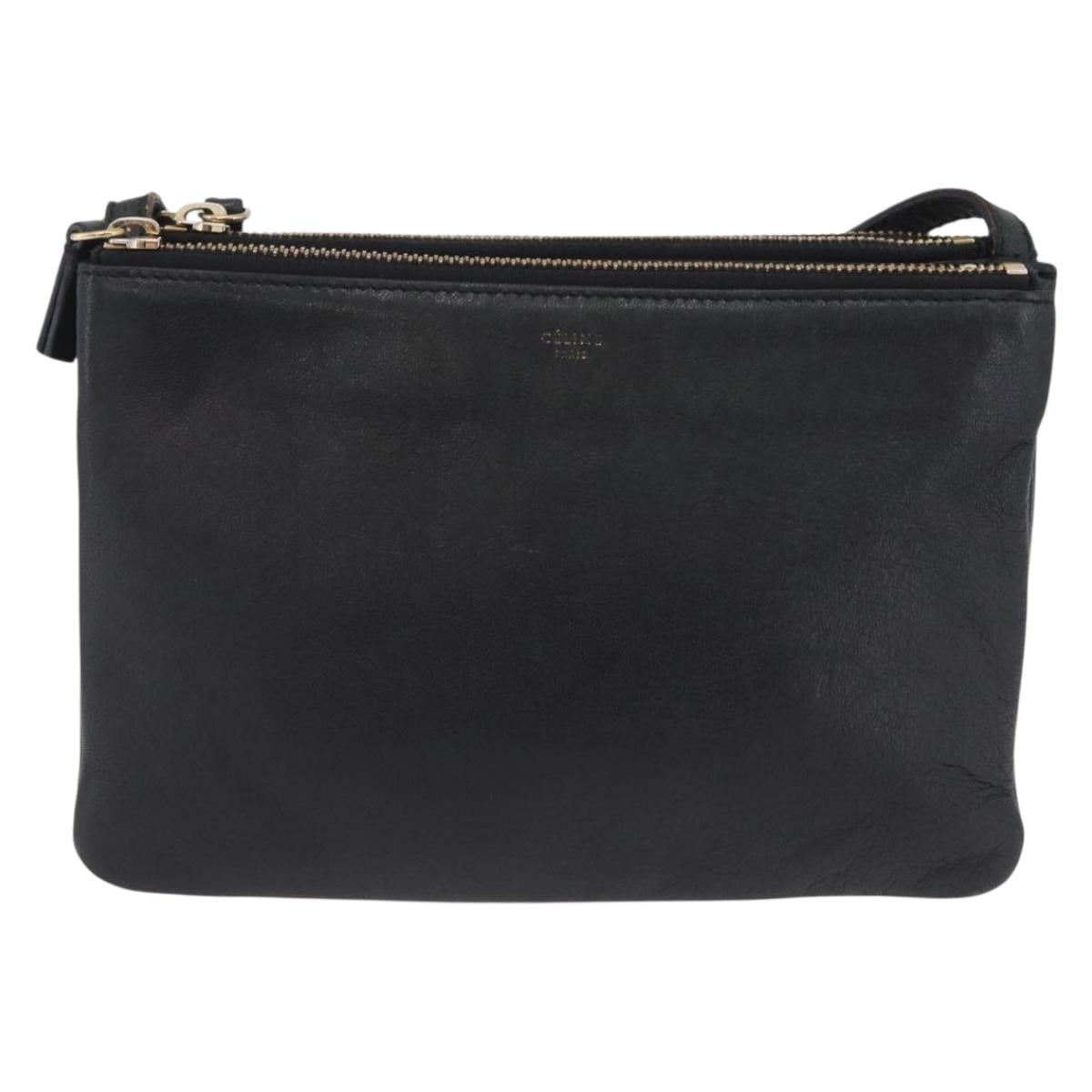 CELINE Trio Shoulder Bag Leather Black Gold Tone Auth LN008