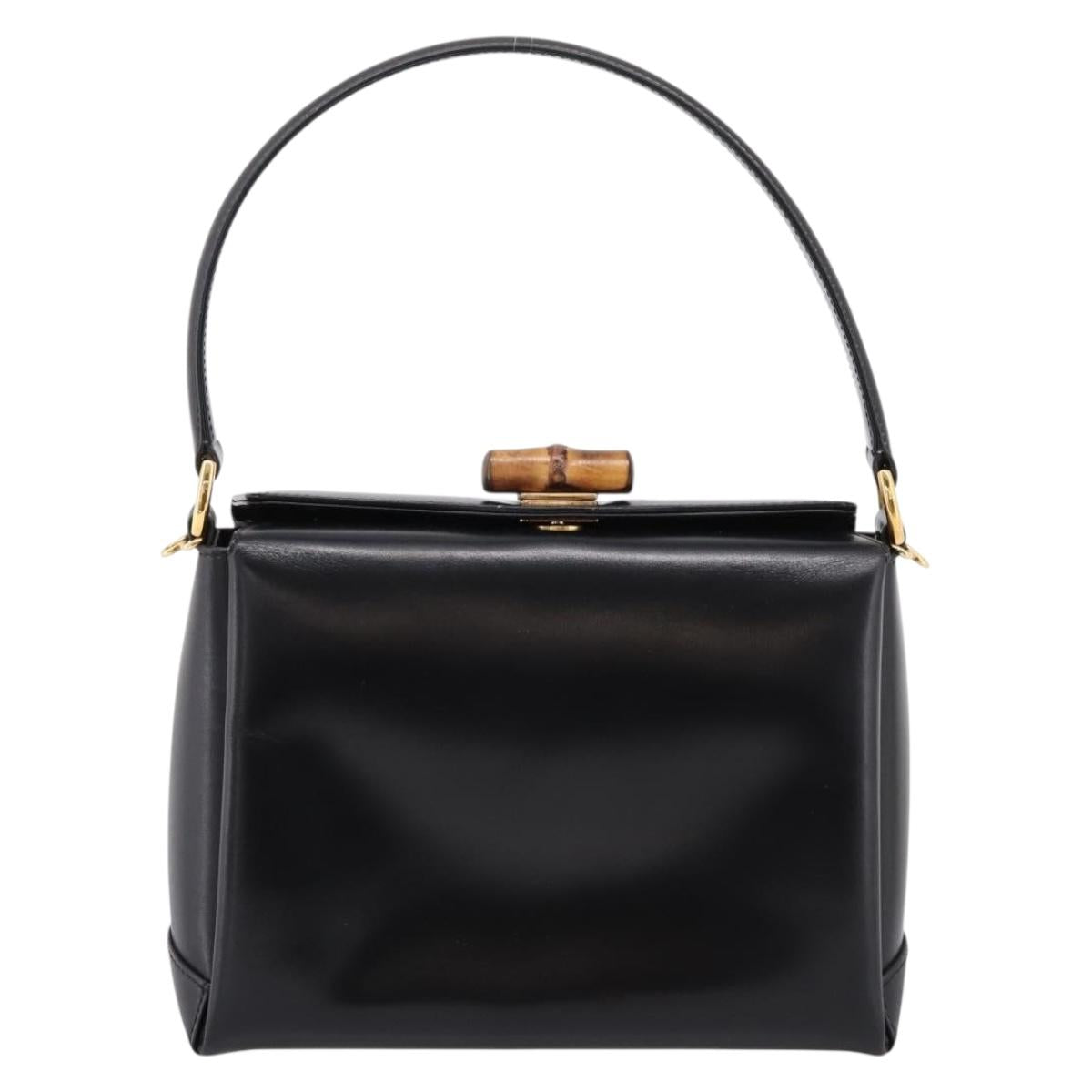 GUCCI Bamboo Shoulder Bag Leather Black Gold Tone 000 33 0175 Auth LN009V