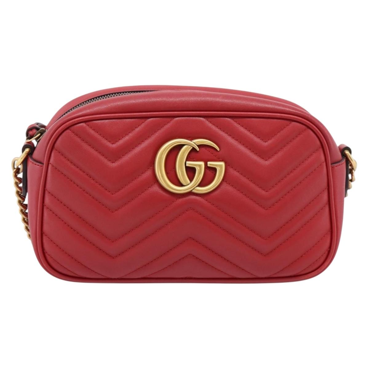 GUCCI GG Marmont Camera Bag Chain Shoulder Bag Leather Red 447632 Auth LN010V