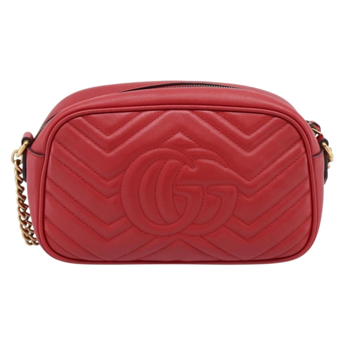 GUCCI GG Marmont Camera Bag Chain Shoulder Bag Leather Red 447632 Auth LN010V