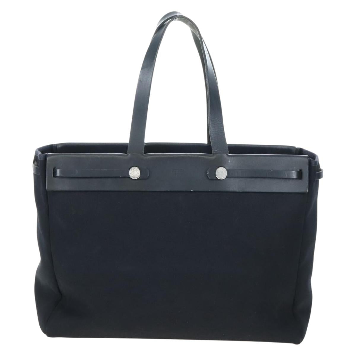 HERMES Herbag Cabas Hand Bag Canvas Black Silver Auth LN016V