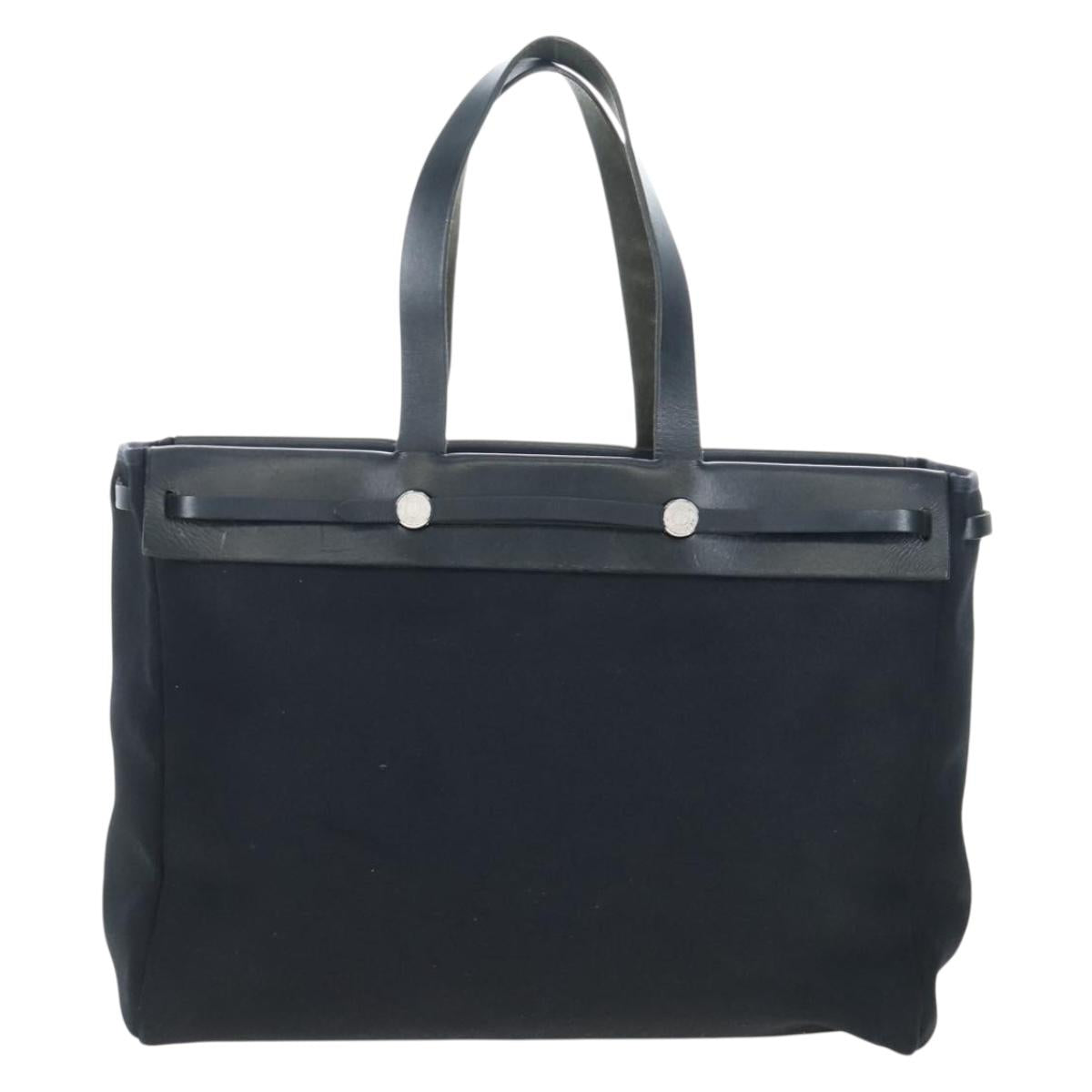 HERMES Herbag Cabas Hand Bag Canvas Black Silver Auth LN016V
