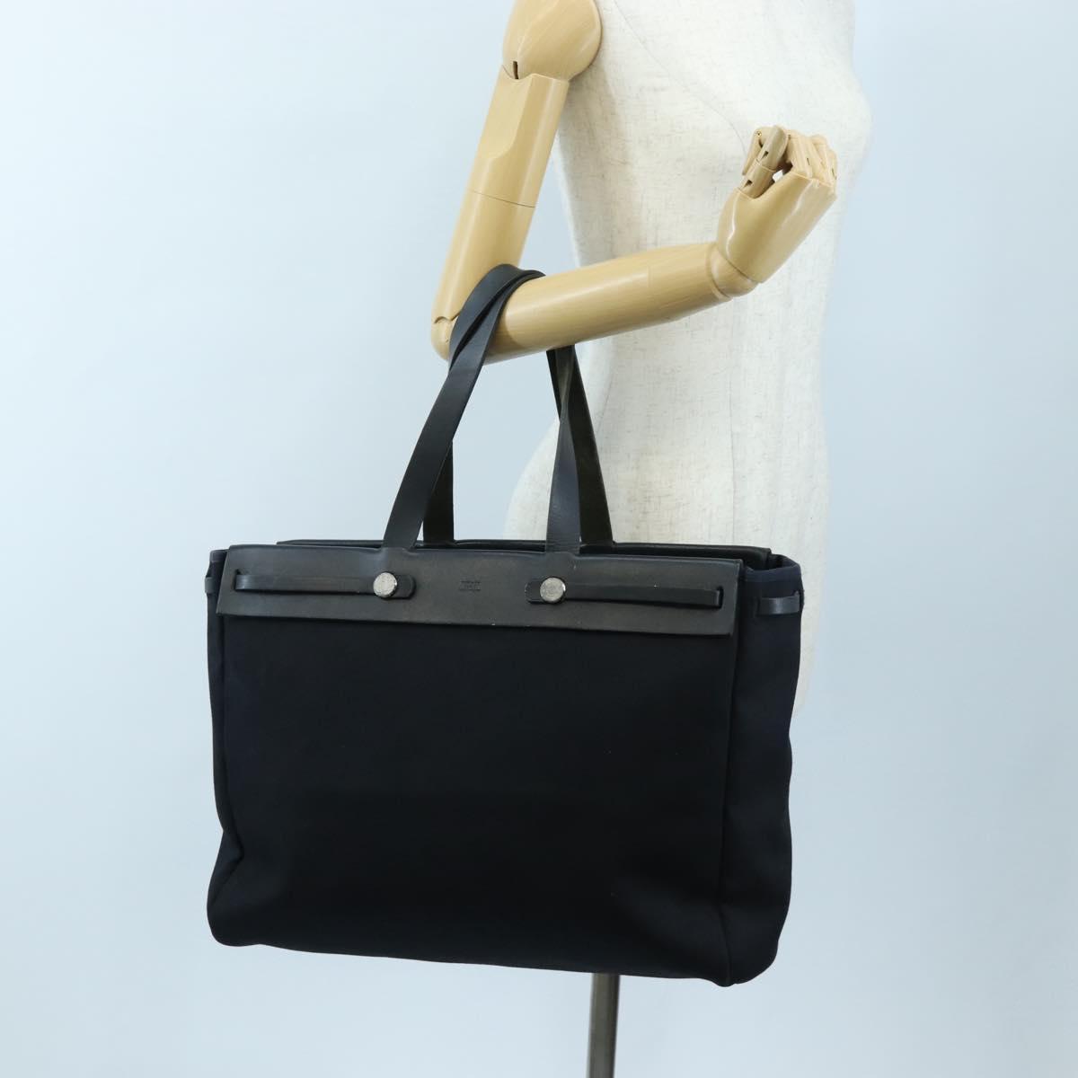 HERMES Herbag Cabas Hand Bag Canvas Black Silver Auth LN016V