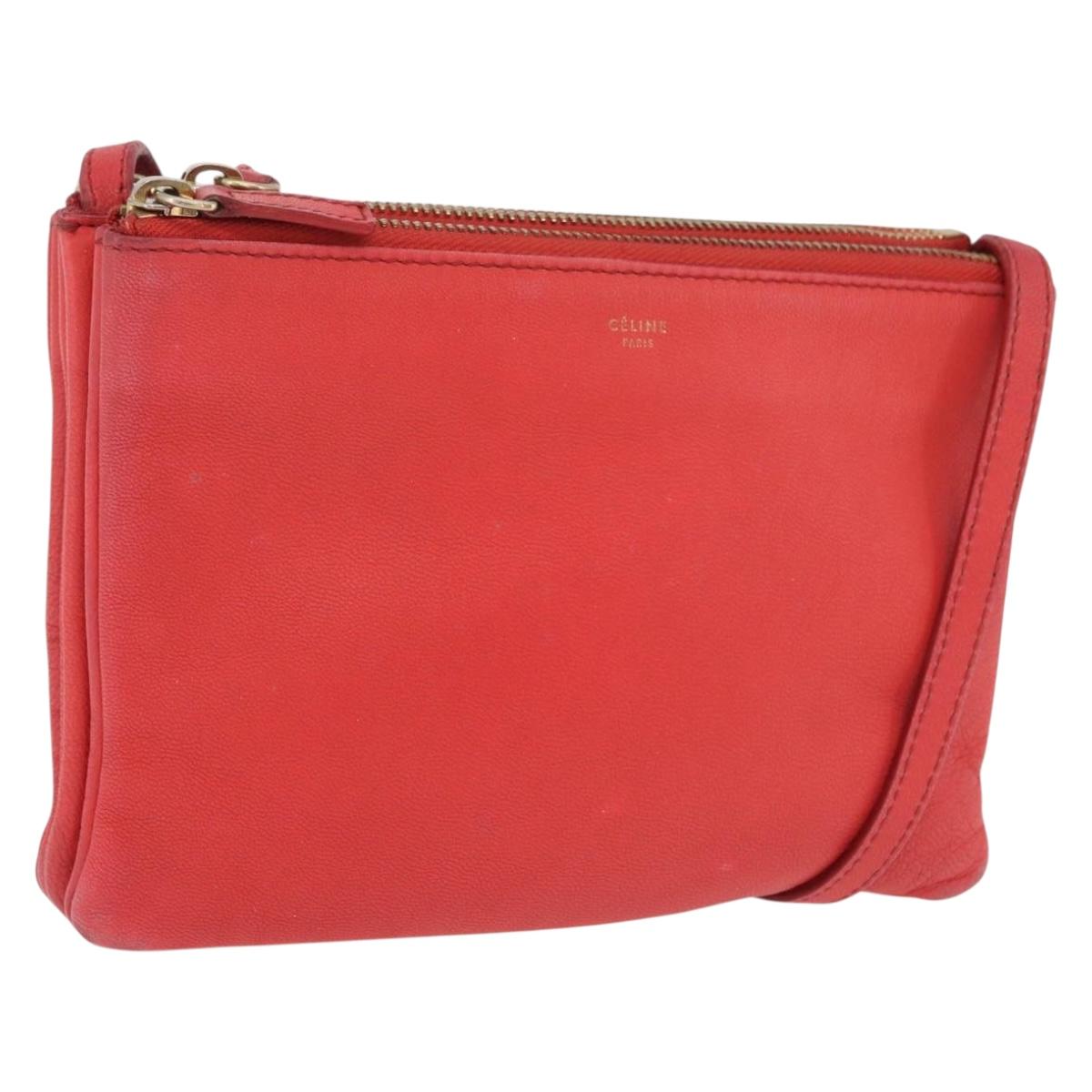 CELINE Trio Shoulder Bag Leather Red Gold Tone Auth LN027