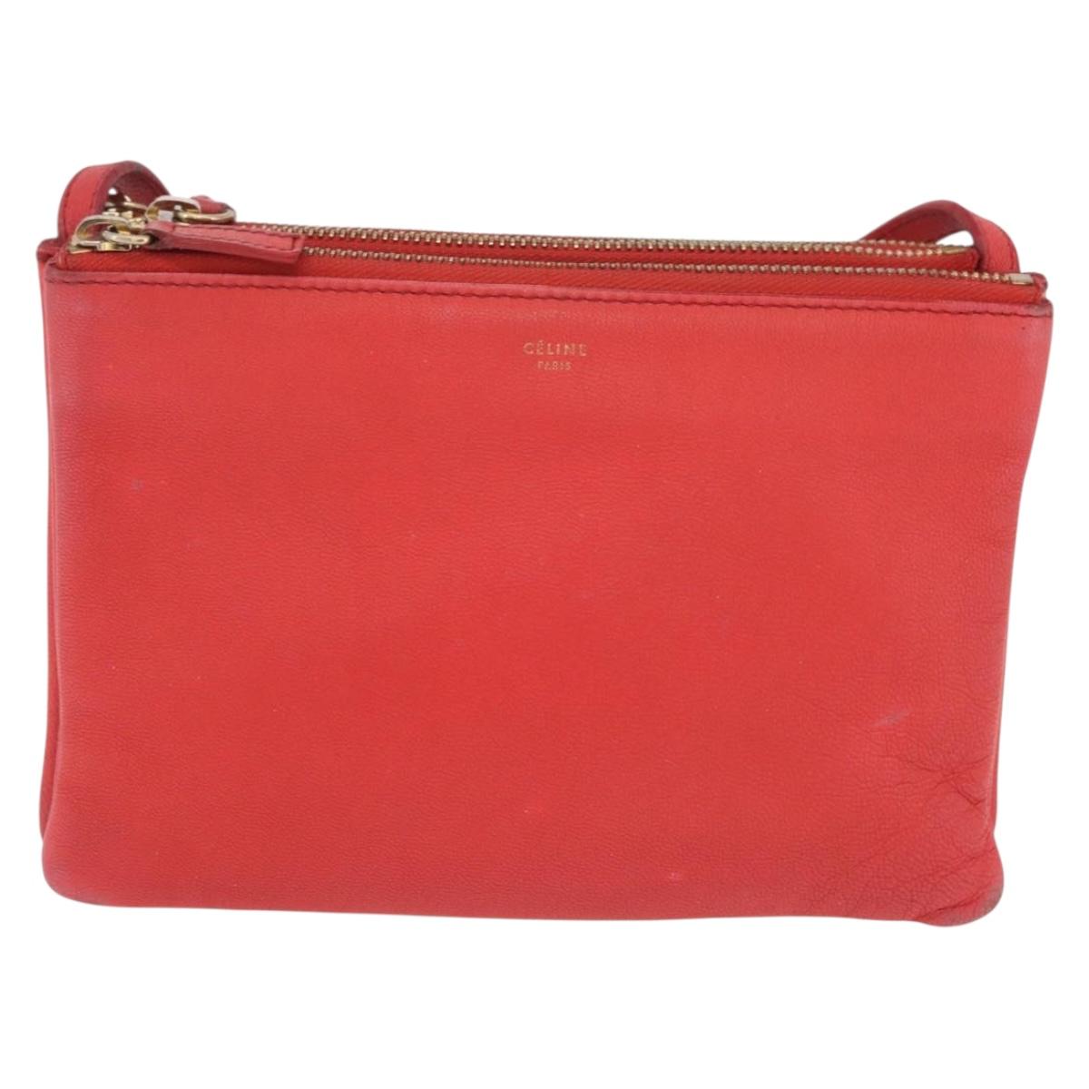 CELINE Trio Shoulder Bag Leather Red Gold Tone Auth LN027