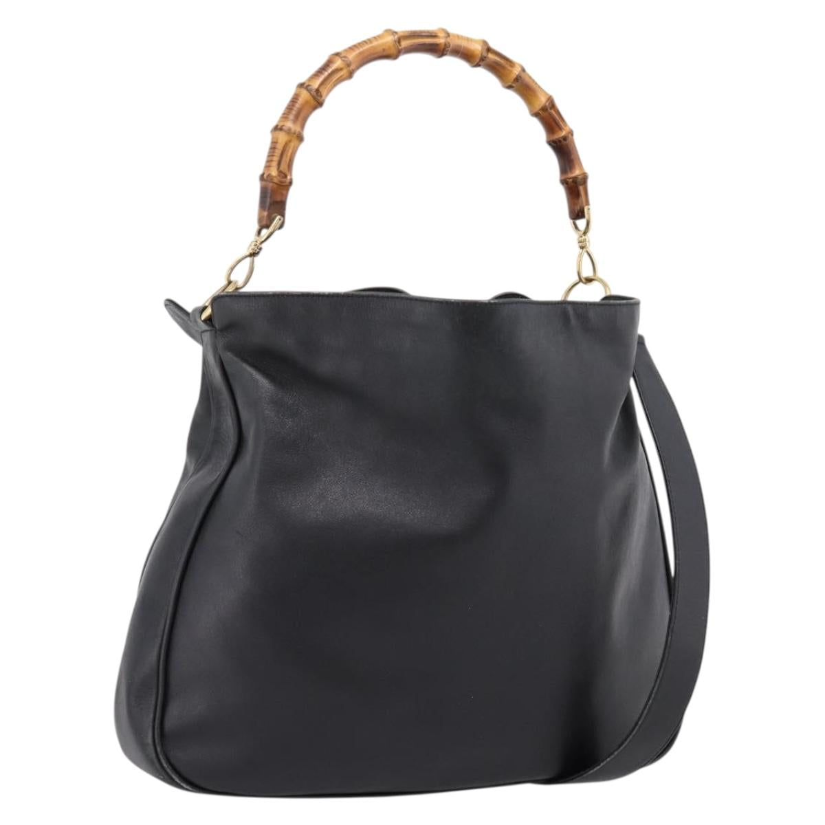 GUCCI Bamboo Shoulder Bag Leather 2way Black Gold Tone 001 1577 Auth LN029