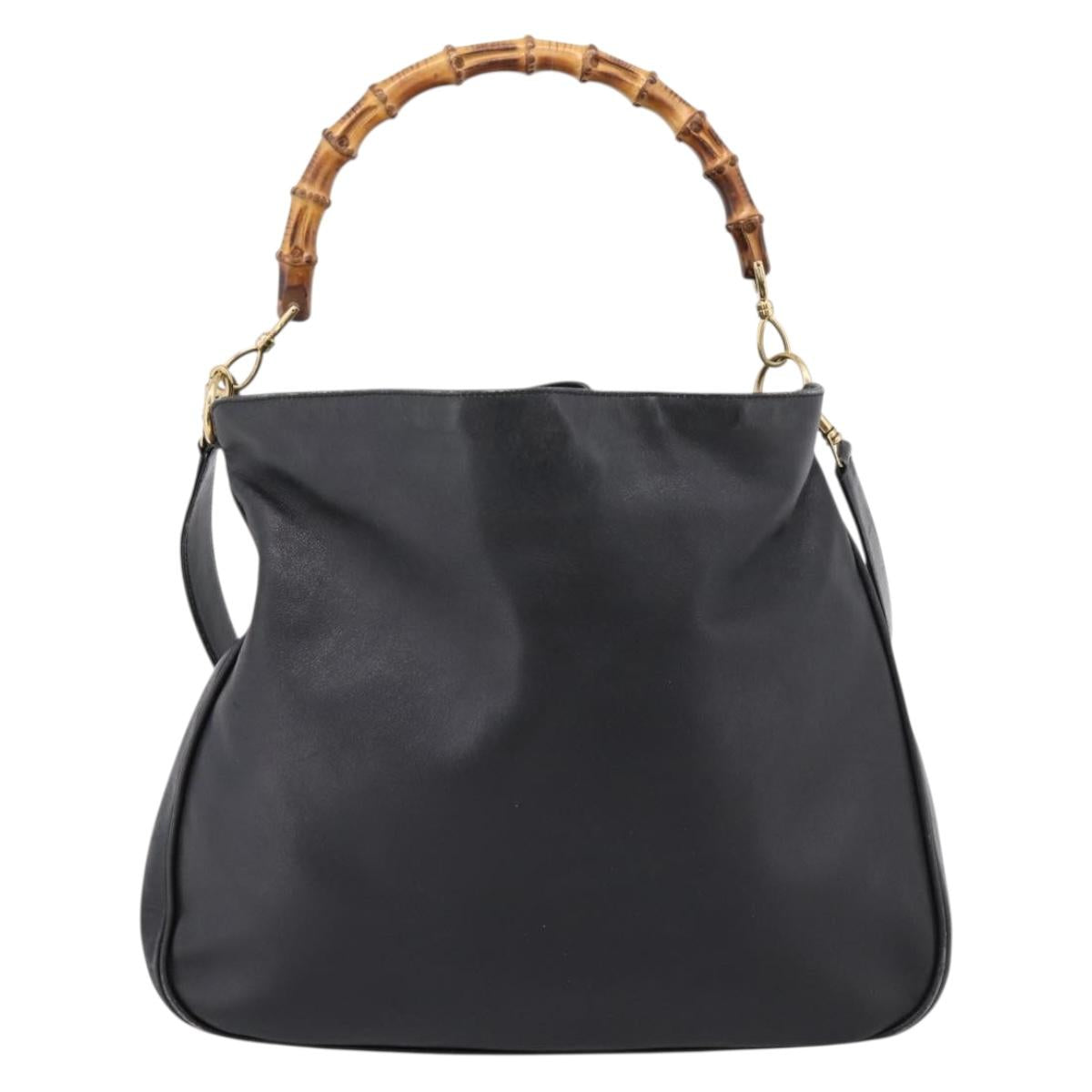 GUCCI Bamboo Shoulder Bag Leather 2way Black Gold Tone 001 1577 Auth LN029