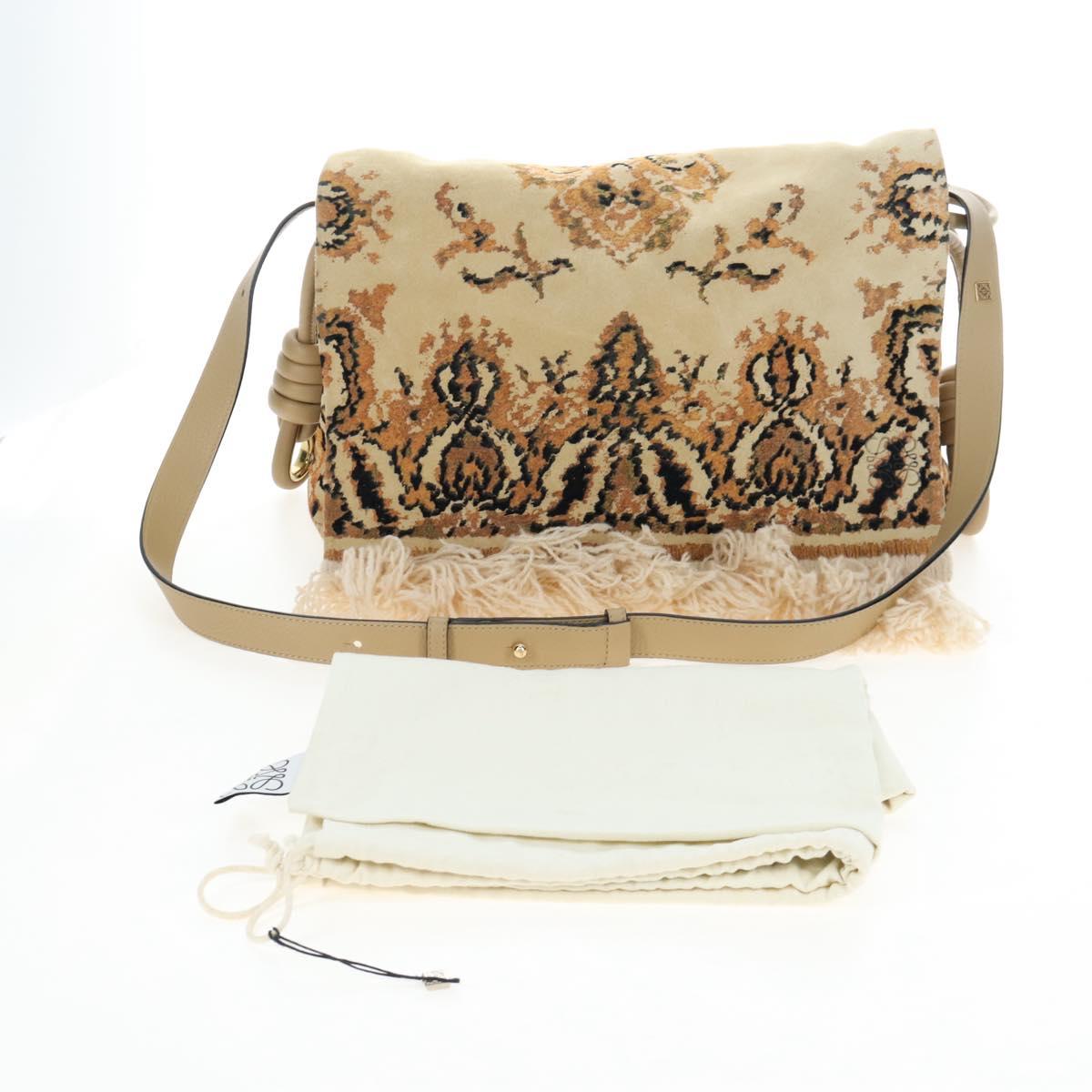 LOEWE Flamenco Shoulder Bag Suede Beige Gold Tone Auth LN031V