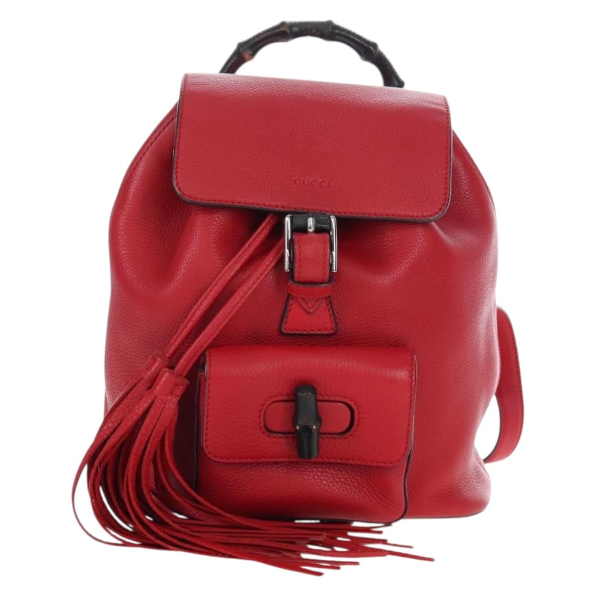 GUCCI Bamboo Backpack Leather Red Silver 387149 Auth LN032V