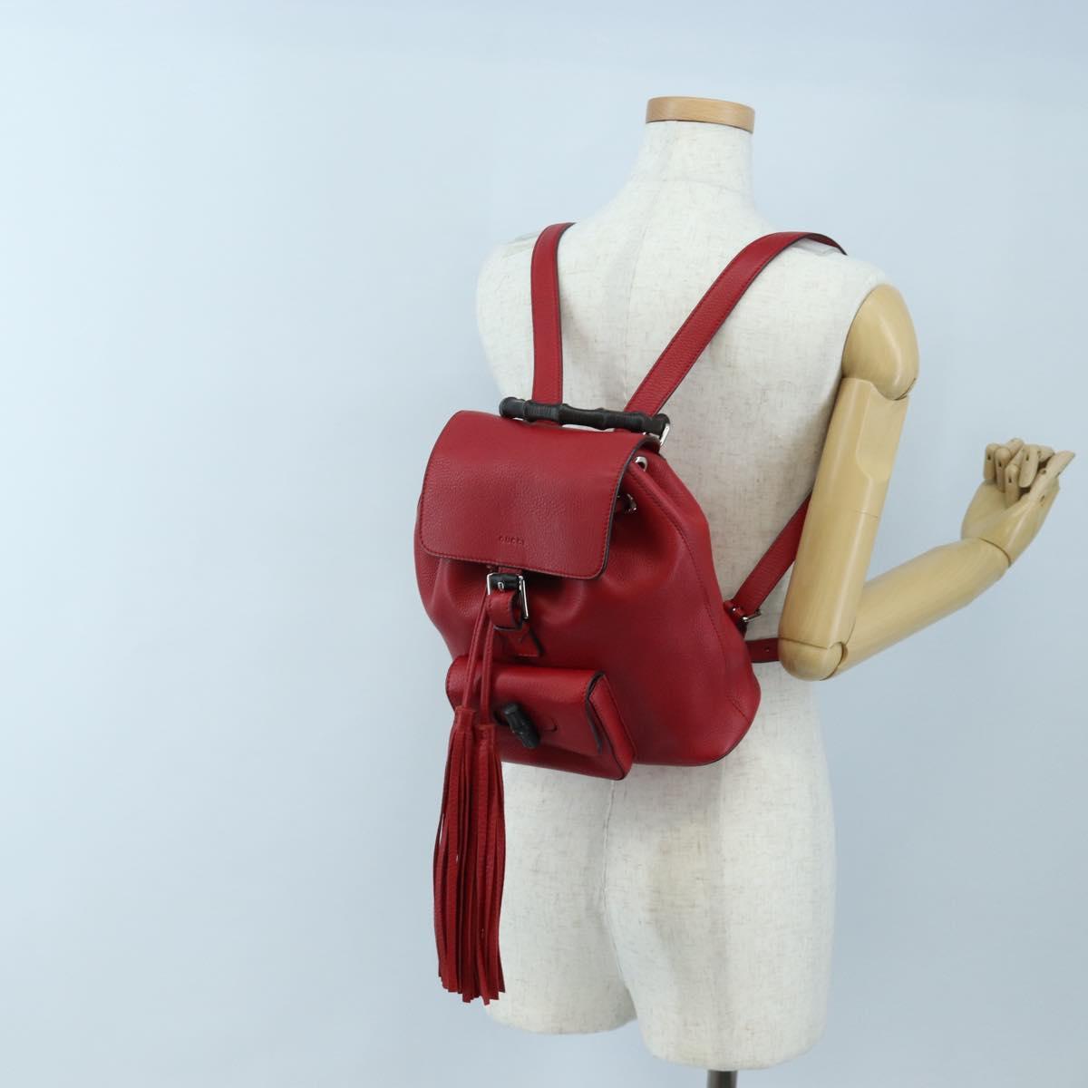 GUCCI Bamboo Backpack Leather Red Silver 387149 Auth LN032V