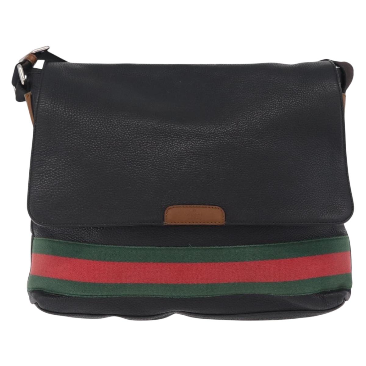 GUCCI Web Sherry Line Shoulder Bag Leather Black 281421 Auth LN034