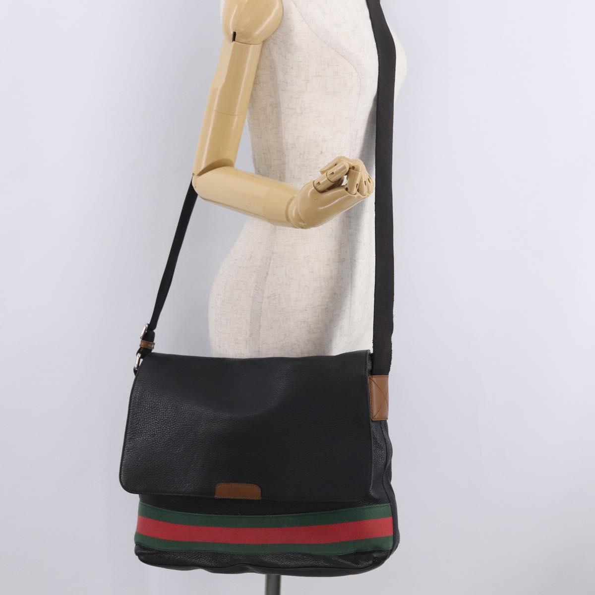 GUCCI Web Sherry Line Shoulder Bag Leather Black 281421 Auth LN034