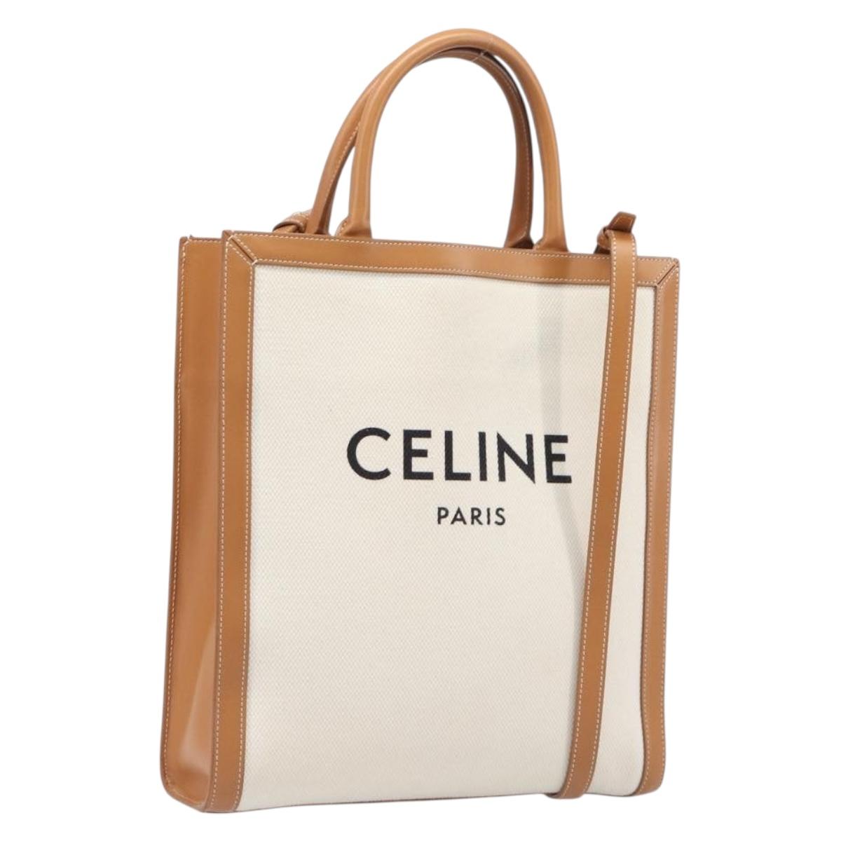 CELINE Vertical Cabas Small Hand Bag Canvas 2way Ivory Gold Tone Auth LN035V