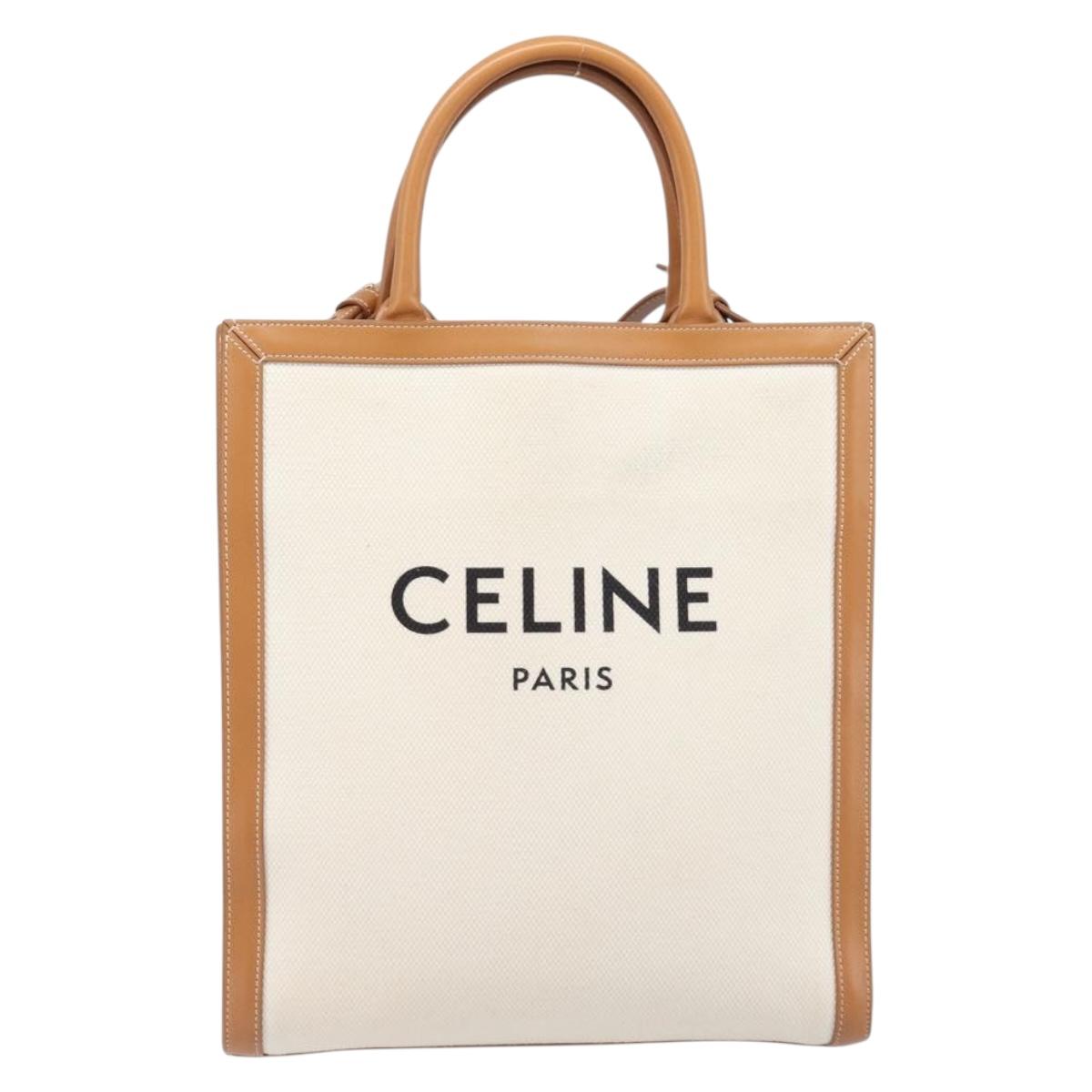 CELINE Vertical Cabas Small Hand Bag Canvas 2way Ivory Gold Tone Auth LN035V